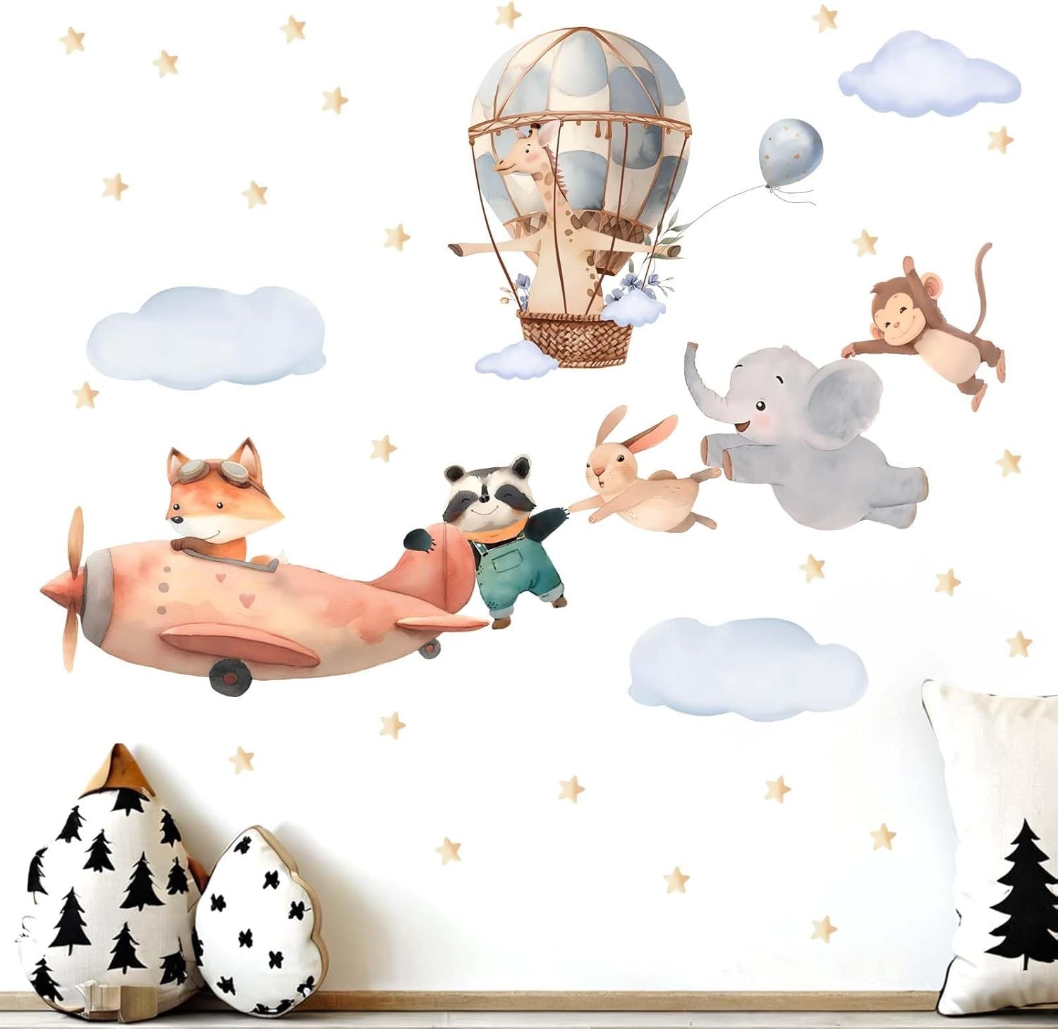 Animals Airplane Wall Stickers for Nursery: Baby Kids Bedroom Wall Decals - Aircrafts Hot Air Balloon Elephant Fox Giraffe Monkey image number 5