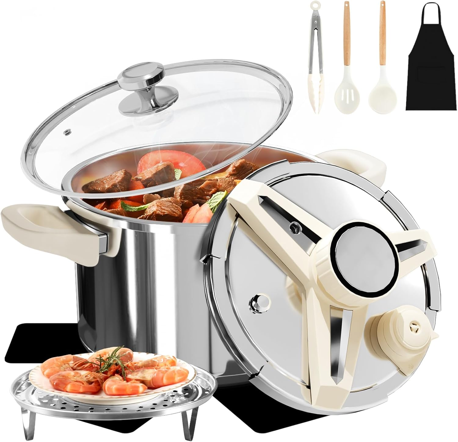 7L Stainless Steel Pressure Cooker,10 Pcs Olla De Presion Set, Cooking Pressure Cooker with 3 Psl Settings Release Valve & Multiple Protective Devices, Compatible with Induction and Gas Stovetops