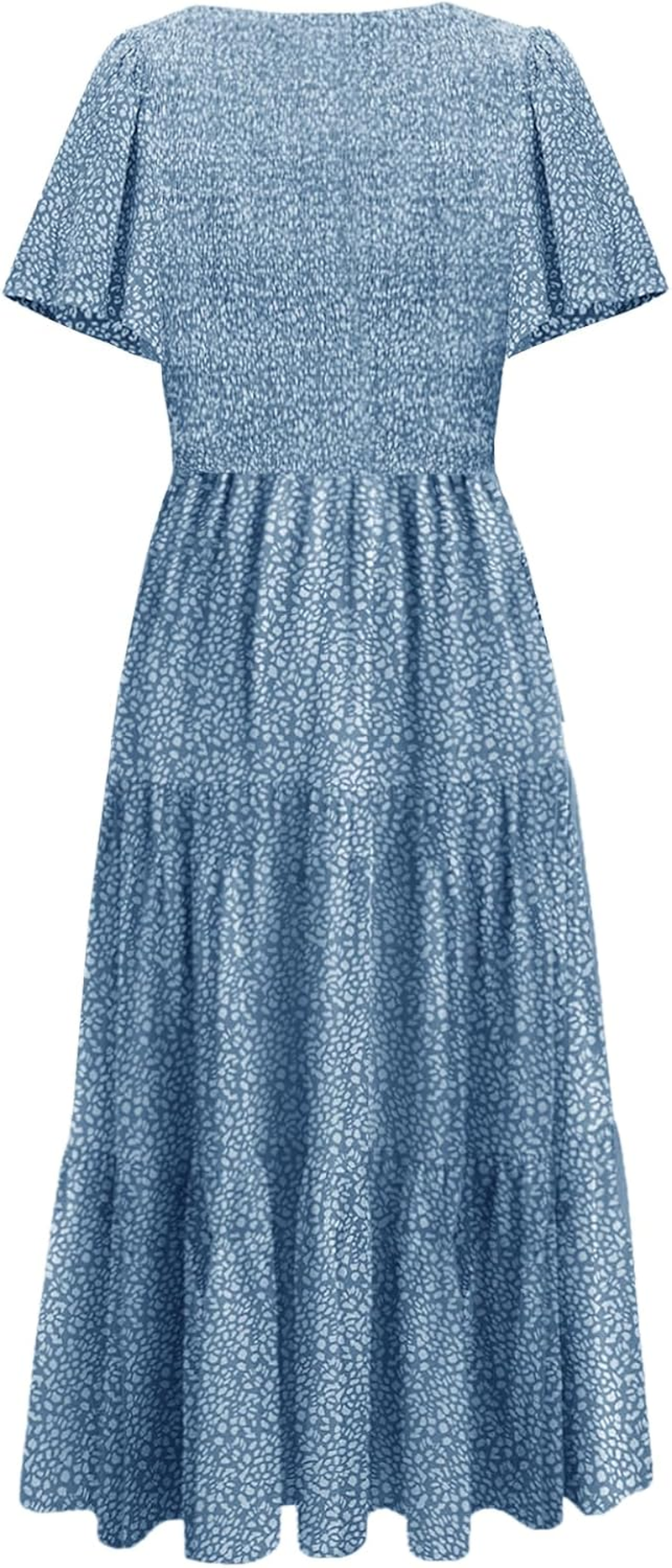 Womens Nursing Dress Summer Floral Print Short Flutter Sleeve Crew Neck Smocked High Waist Flowy Maxi with Pockets image number 7