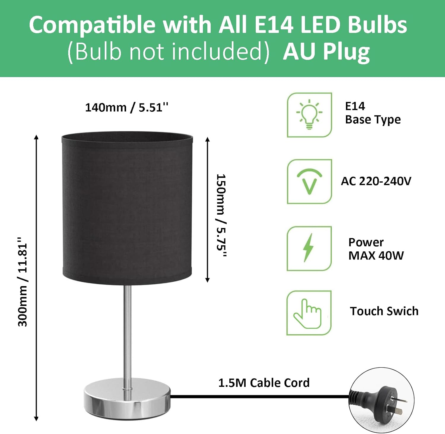 Set 2 Pack Black Touch Table Lamp for Living Room Bedroom, E14 Lamp Holder Max 40W LED Bulb, Not Included LED Blubs (AU Plug)