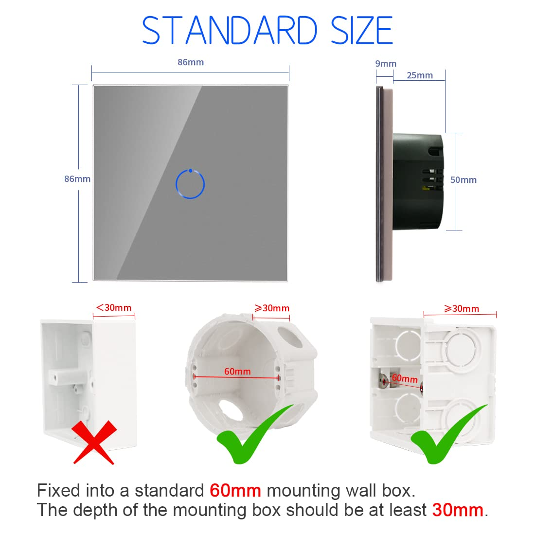 CNBINGO Smart Touch Light Switch Compatible with Alexa, Google Assistant - WLAN Switch Flush-Mounted - with Glass Panel and Status LED - Wall Switch Simple in Grey - Neutral Conductor Required image number 3