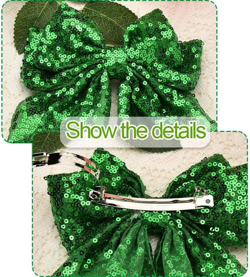 Sparkly Hair Bows for Girls Big Green Hair Clip Metal Clips French Ribbon Bowknot Hair Barrettes for Women Party Oversized Long Tail Hair Bow Clips Bling Hair Accessories for Thick Thin Hair image number 5