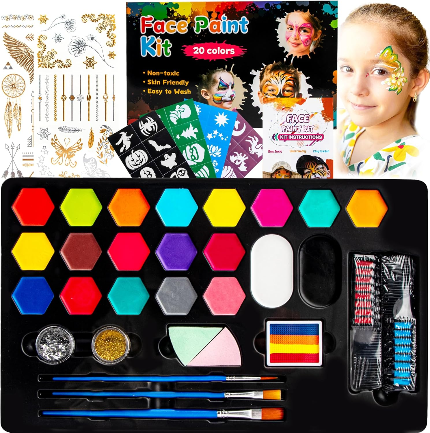 Face Painting Kit for Kids - 20 Colors Water Based Non Toxic Face Paint Kit, Face Painting Kit Professional Includes Hair Chalks,Brushes,Stencils & Tattoos - Party Halloween Christmas Makeup Kit image number 5