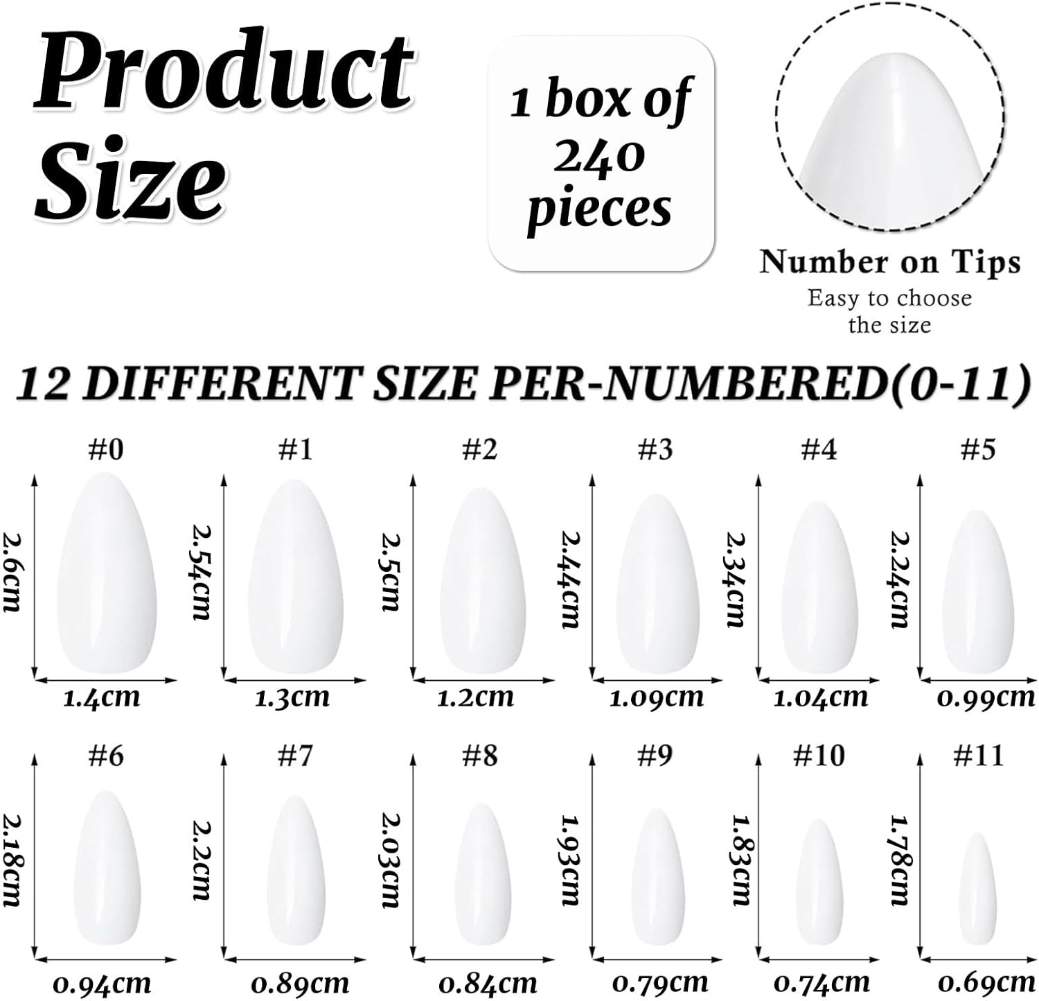 Lunarcharm 240 Pieces White Almond Press-On Nails Medium Size False Nails, Artificial Nail Tips