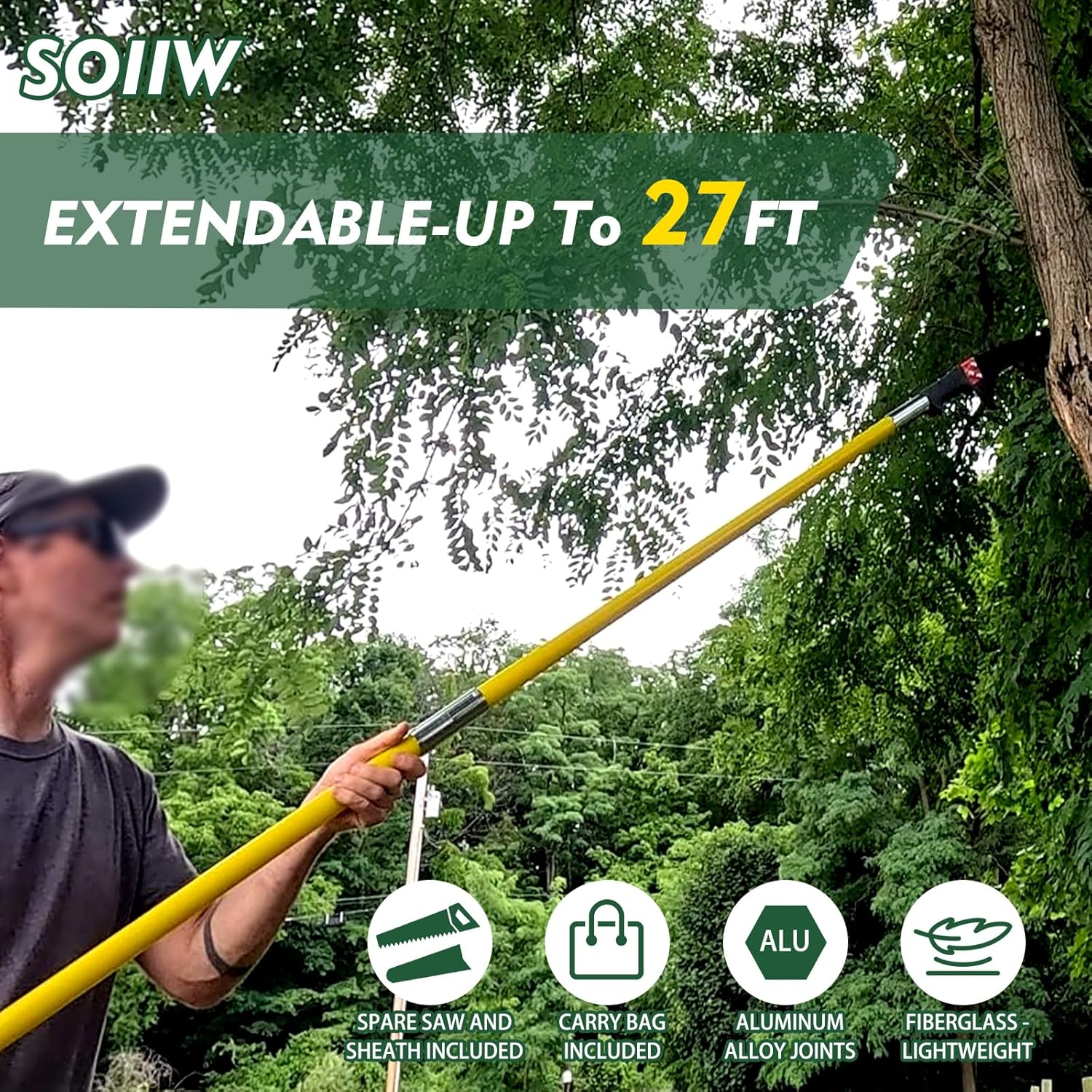 Soiiw Pole Saws for Tree Trimming 7.3-27 Ft, Extendable Tree Trimmers High Branches Trimming, Extension Tree Saw Pole Pruner Garden Tool (With Scissor Head) image number 3