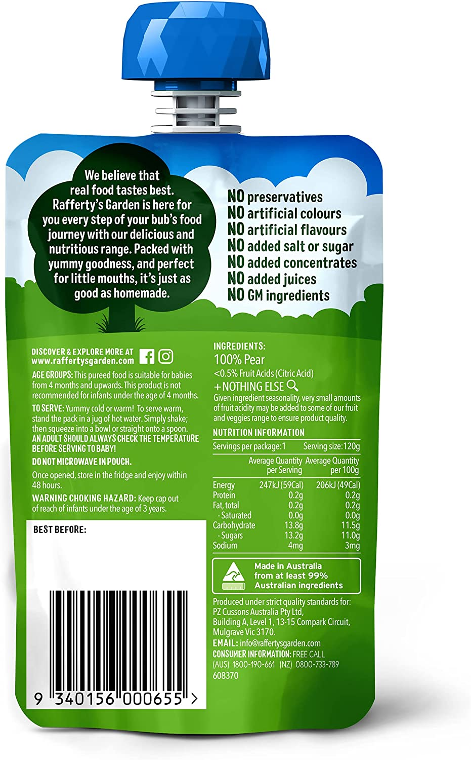 Rafferty'S Garden My First Pear Baby Food for 4+ Month Babies, 120G (Case of 6)