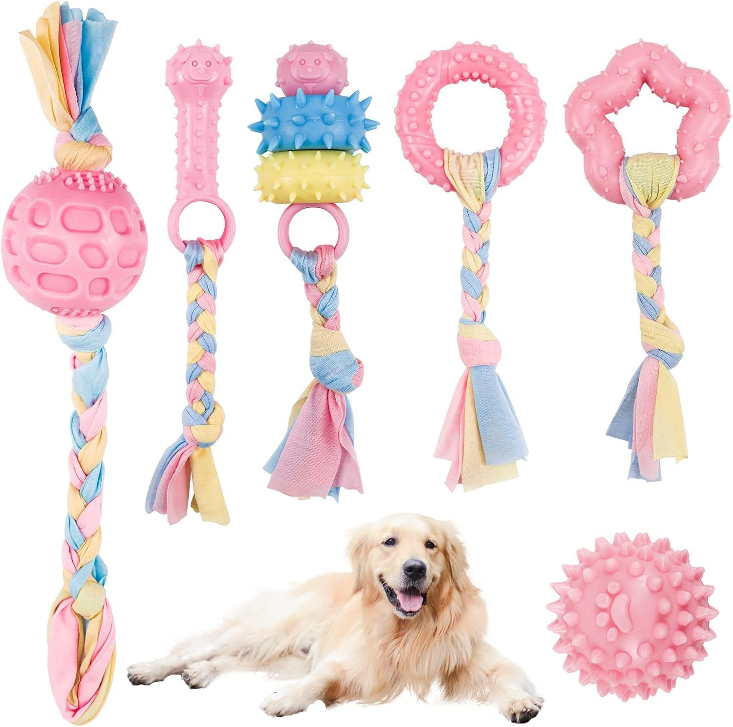 6 Pcs Puppy Chew Toys Set, Cute Safe Rope Toys Teeth Clean Toys Set with Cotton and Rubber for Small Dogs,Washable Cotton Rope Dog Toy image number 5