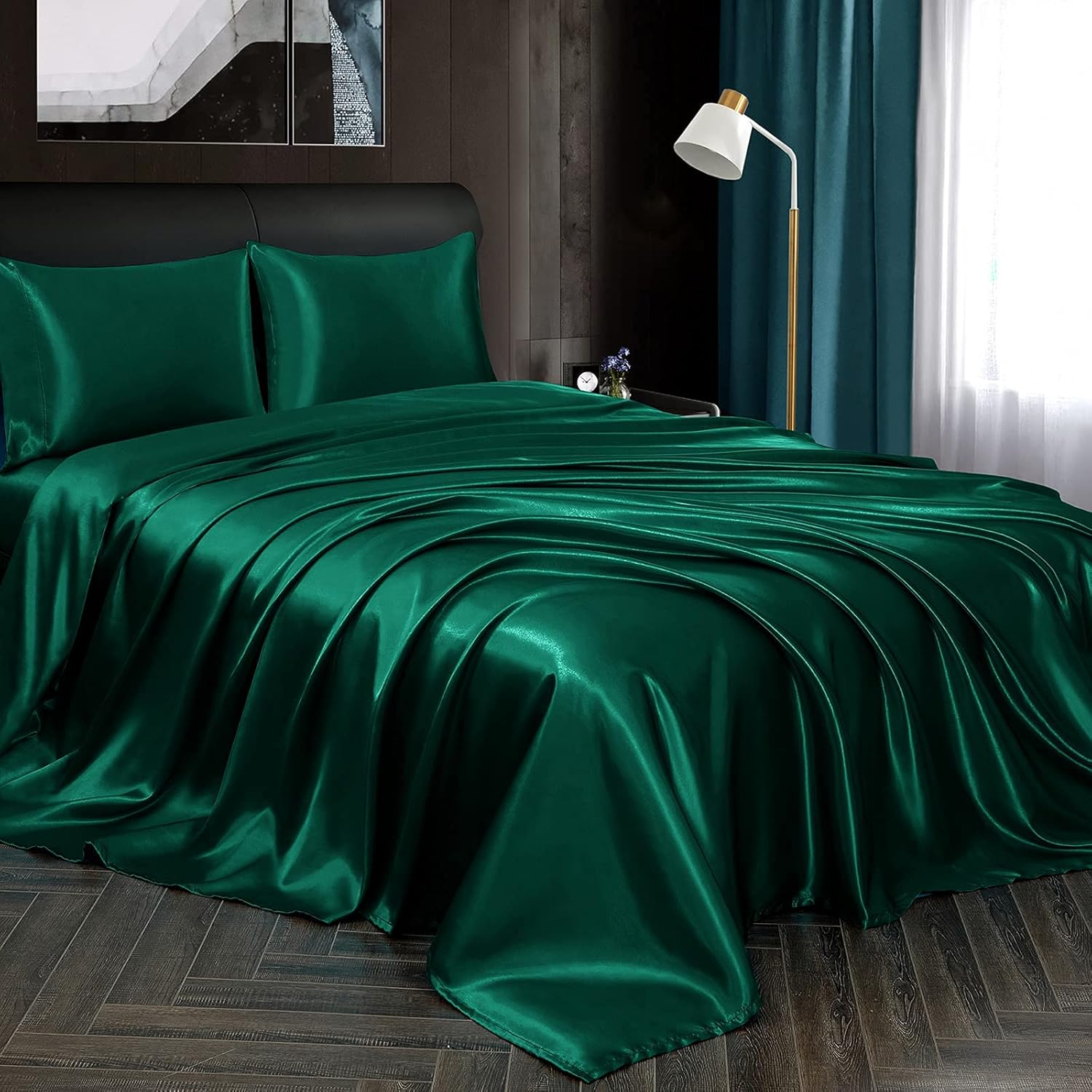 Homiest 4Pcs Satin Sheets Set Luxury Silky Satin Bedding Set with Deep Pocket, 1 Fitted Sheet + 1 Flat Sheet + 2 Pillowcases (Queen Size, Blackish Green) image number 2