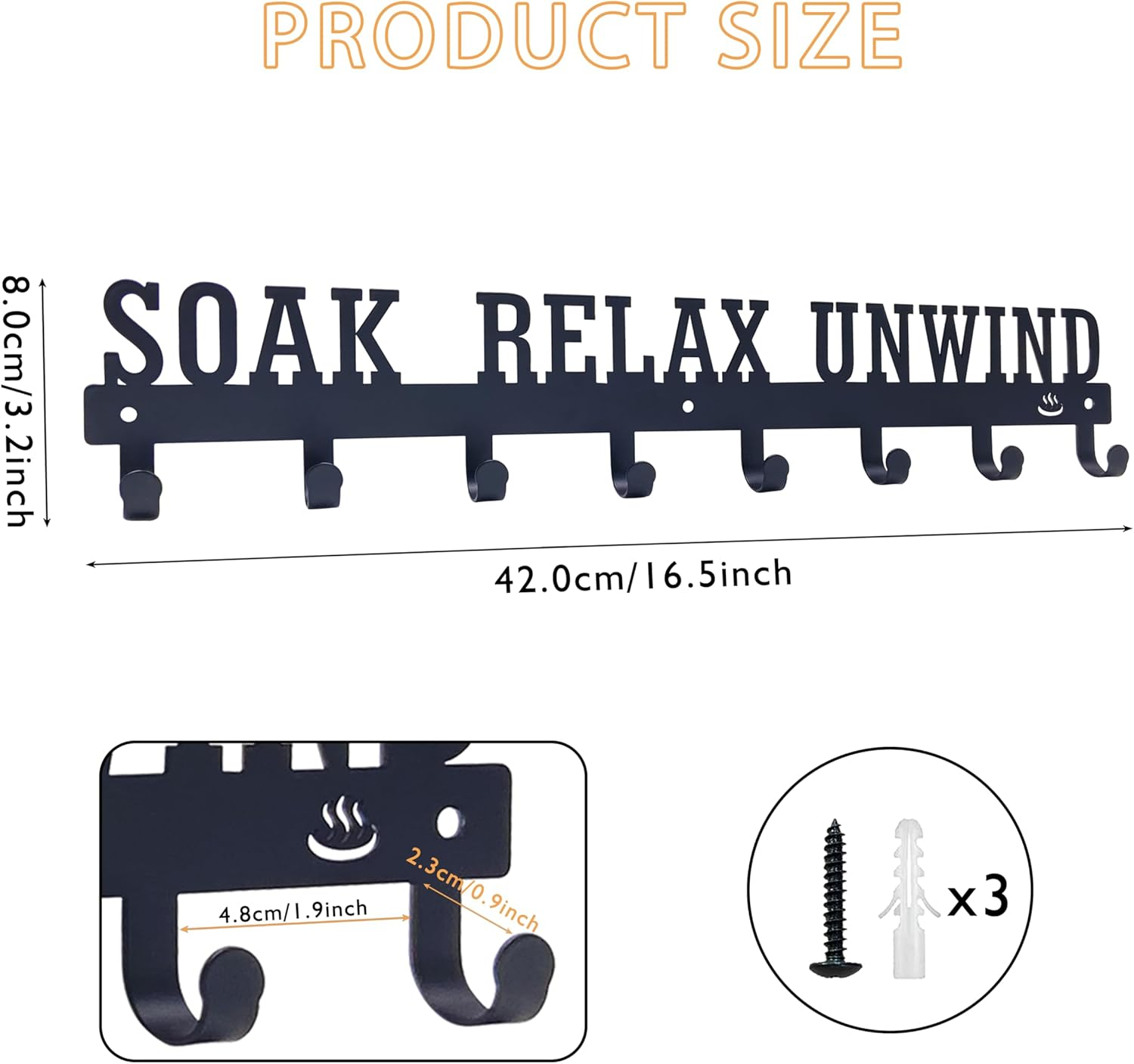 Noxozoqm Hot Tub Towel Rack for Outdoor 16.5 Inches, Hot Tub Accessories Holder with 8 Hooks, Towel Rack for Bathroom and outside Hot Tub, Wall Mount Towel Organizer for Towels,Coats and Robes, Black image number 2