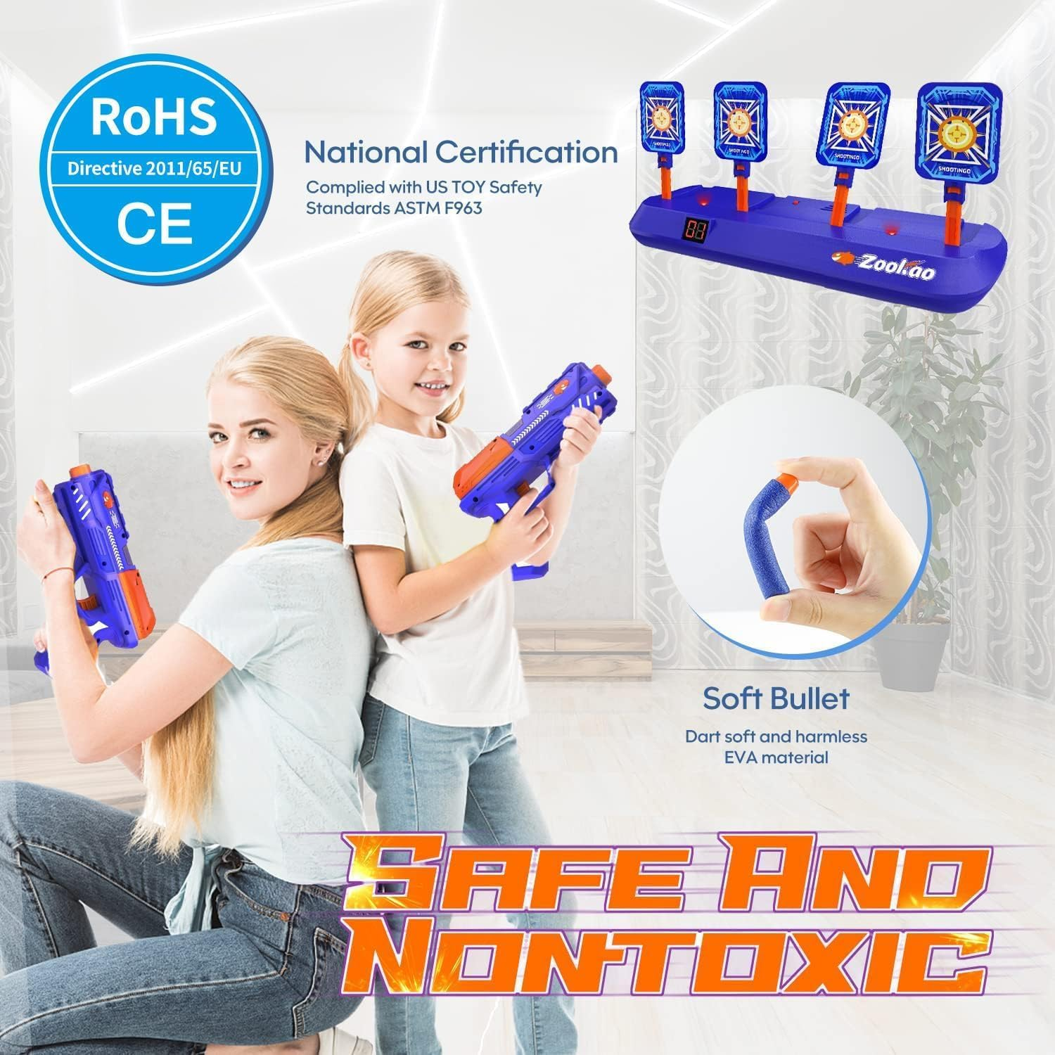 Zookao Digital Shooting Targets with Toy Gun, Nerf Gun Toy with Electronic Scoring Auto Reset 4 Targets, Shooting Games Toys for 6, 7, 8, 9, 10+ Years Old Boys Girls, Halloween for 6-12 Years Old Boys - Blau image number 5