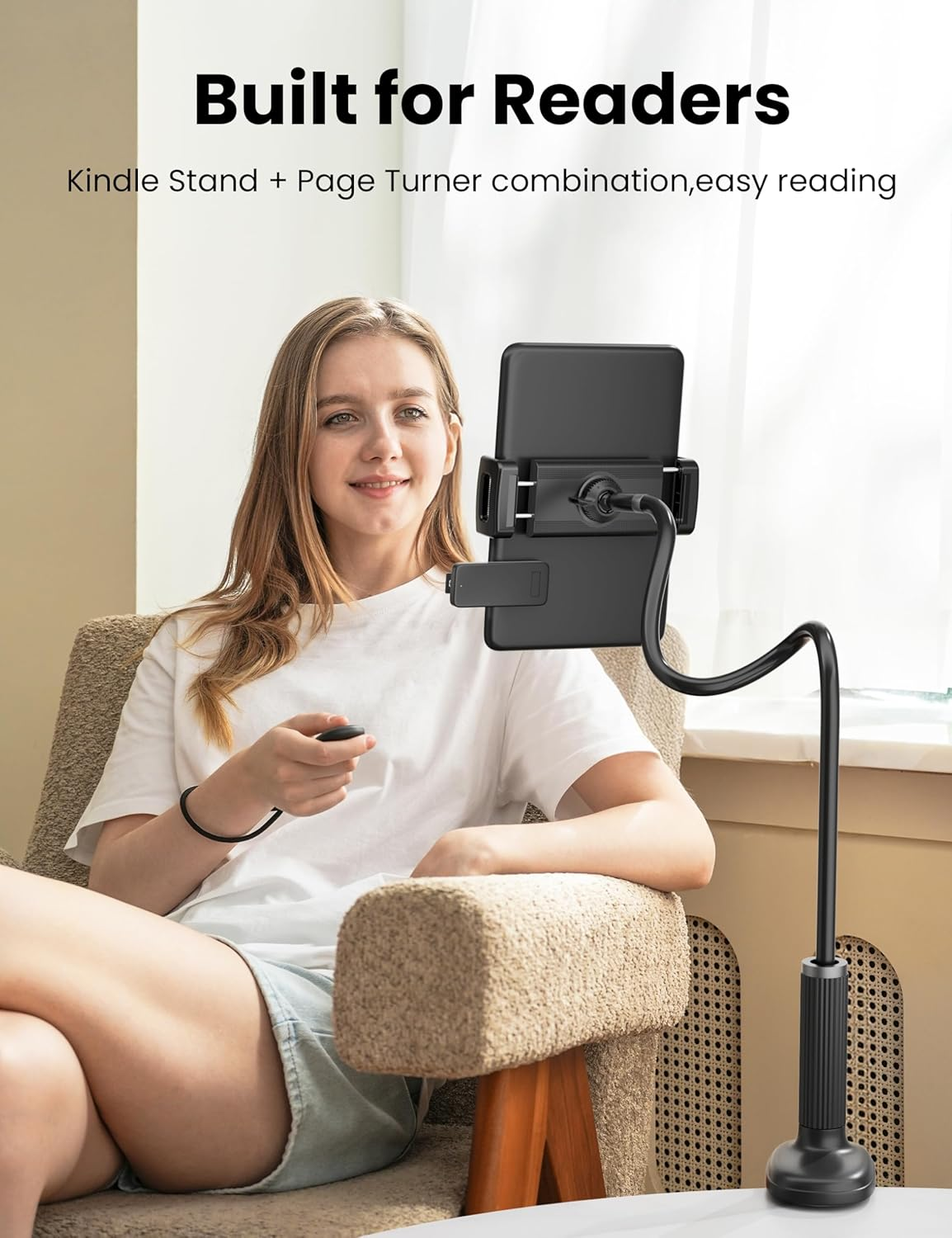 Gooseneck Kindle Holder with Remote Page Turner for Reading in Bed,Tablet Mount Holder for Desk,Flexible Long Arm for Tablets Iphones Kindle Accessories image number 5
