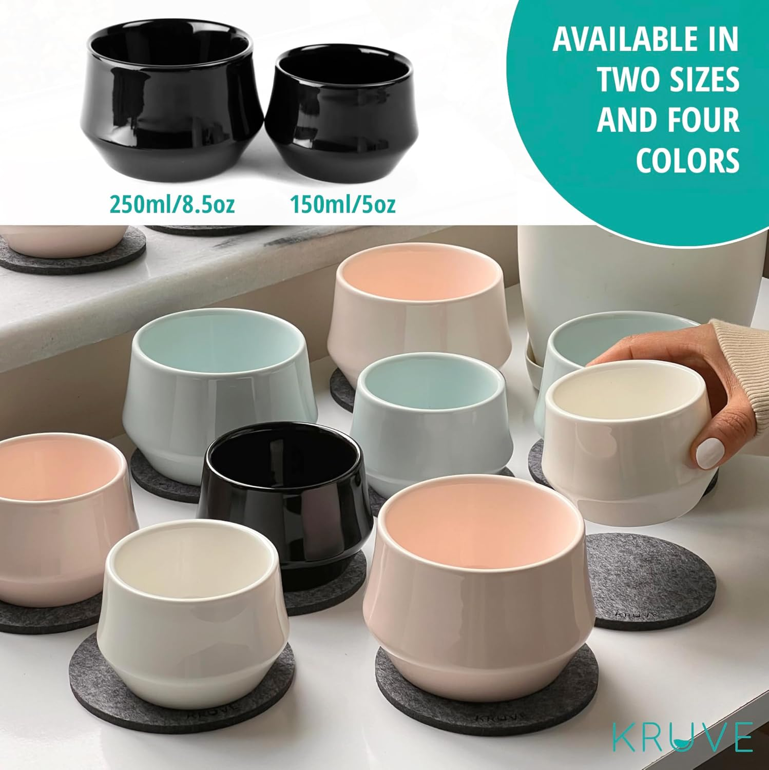 KRUVE Imagine Porcelain Latte Mugs, Set of Two Glass Mugs, Thermal Spherical Design, 5 Oz, Insulated Coffee Cups for Heat Retention image number 6