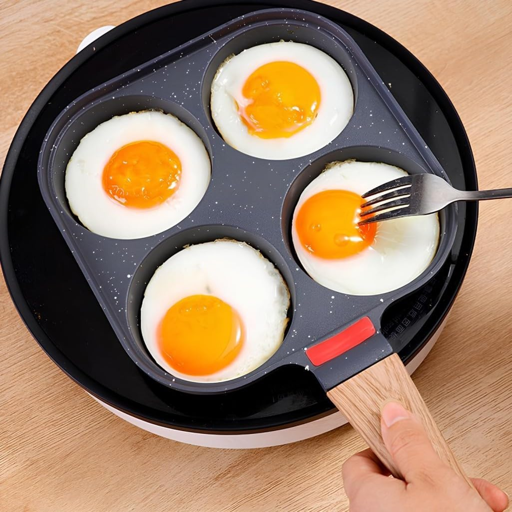 Kitment Egg Frying Pan with Flipping Lid, 4 Cup Omelet Pan for Burger Eggs Ham, Pancake Maker Frying Pot for Breakfast, Egg Skillet, Suitable for Gas, Induction Stoves, Nonstick, Wooden Handle image number 5