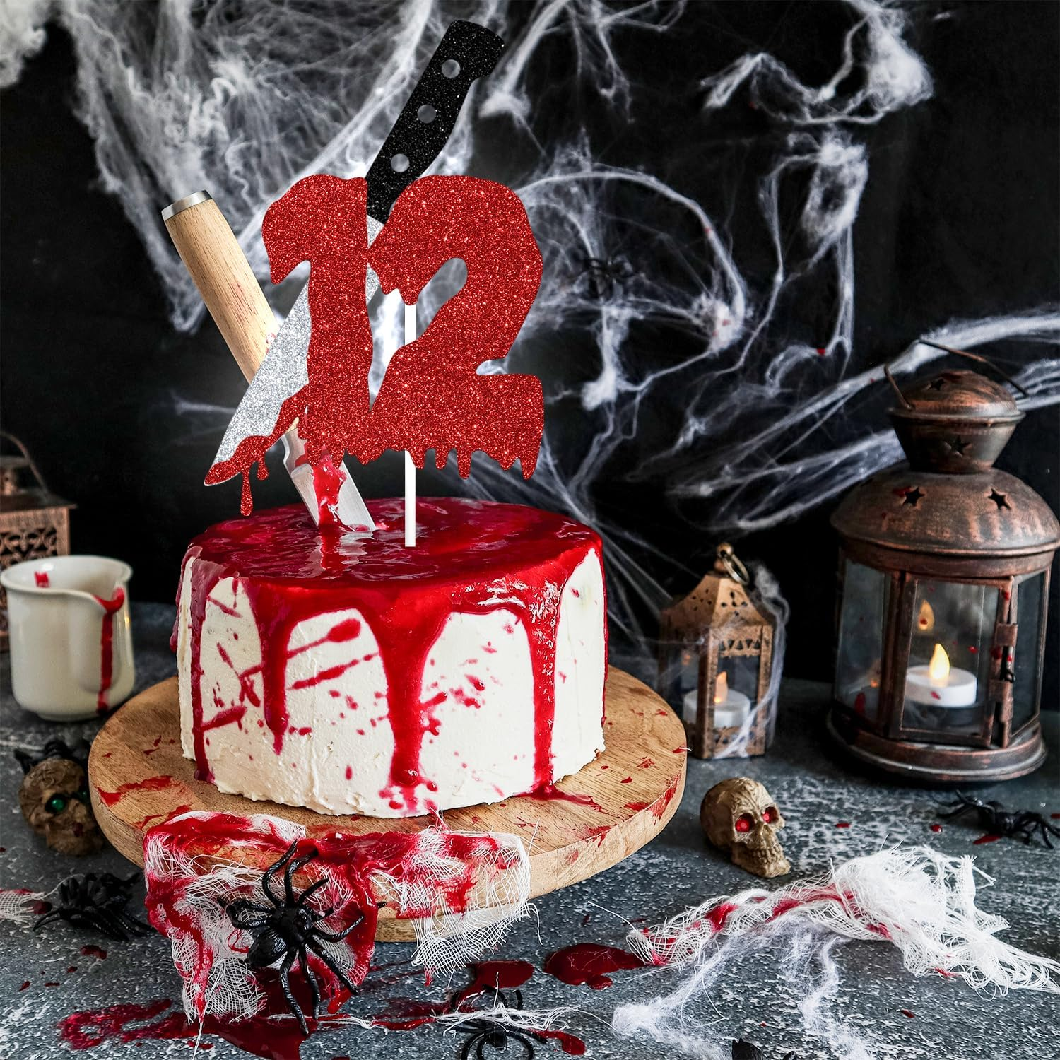 Red Glitter Killer 12 Cake Topper, Killer Happy 12Th Birthday/Have a Killer Birthday, Horror Blood Knife 12Th Birthday Party Decorations Supplies image number 1