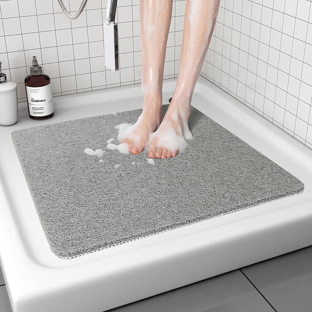 Non-Slip Shower Mat - Comfort Bath Tub Mats with Drain - PVC Loofah Bathroom Floor Mat for Wet Areas - Easy to Clean-Quick Drying (Grey, 40 X 100Cm)