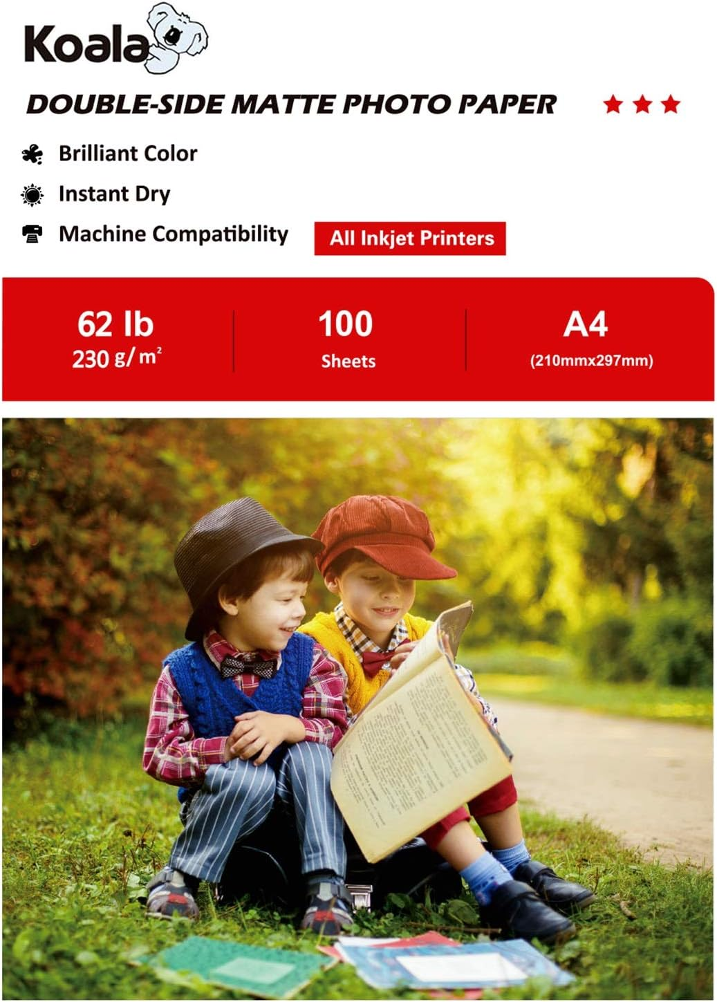 KOALA Double Sided Matte Inkjet Photo Paper A3, 230Gsm, 100 Sheets for Inkjet Printers. Suitable for Printing Photos, Brochures, Covers, Certificates, Booklets, Flyers, Leaflets, Cards, Calendars