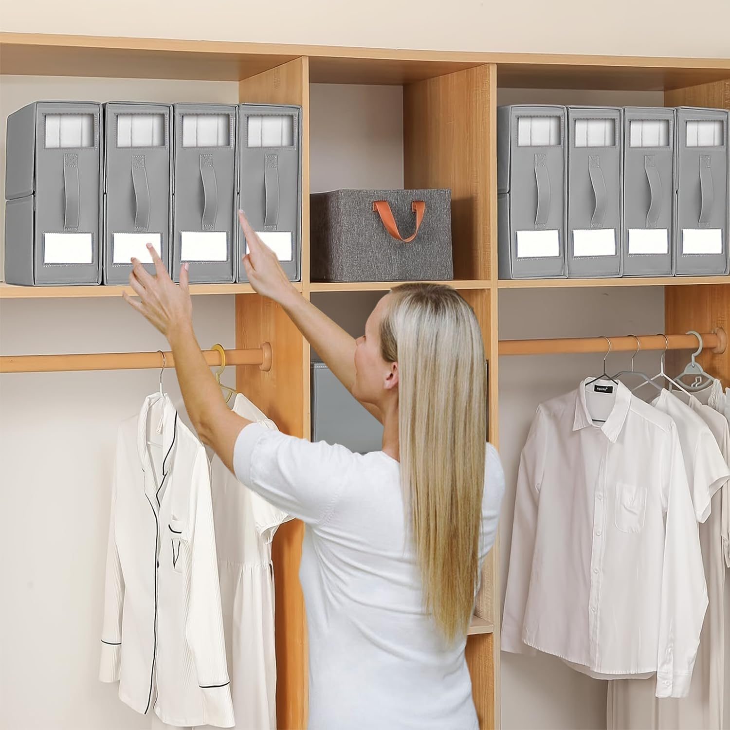 BDZBREN Bed Sheet Organiser and Storage, Foldable Bedsheet Organizer for Linen Closet, Sheet Set Organiser with Window XL (Queen & King Size) Organizing Bedding Container Box (4 PACK, Grey) - Grey image number 4