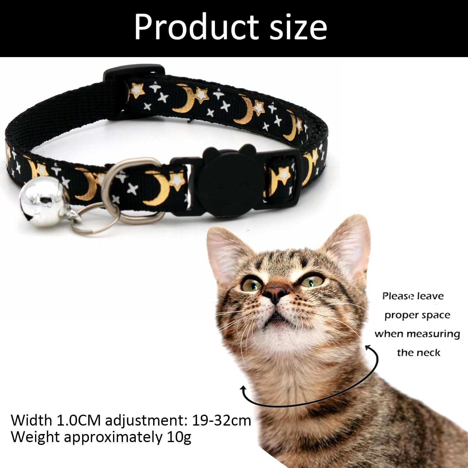 Cat Collars Quick Release,Reflective Night Theme Kitten Collar with Moon and Stars,Breakaway Black Reflective Cute Adjustable Lightweight Collar Cat,For Cats,Kittens,Small Pets(Black) image number 4