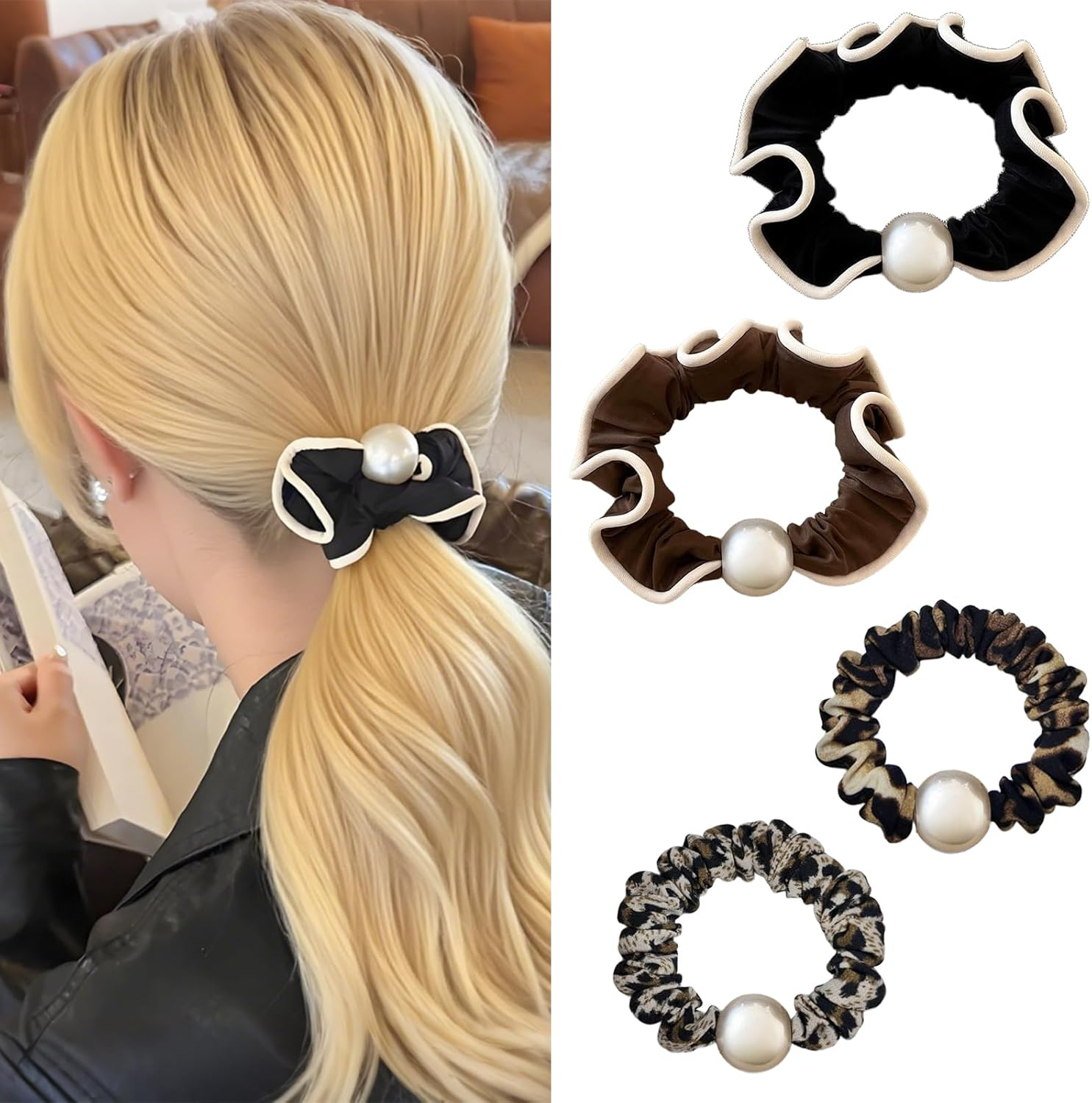 PUSCOBSY Leo Hair Scrunchies for Women, Beads Elastic Fabric Scrunchie Hair Bobbles, Small Hair Friendly Scrunchies for Thin and Thick Hair, Pack of 4 Black Brown Leopard Print image number 4