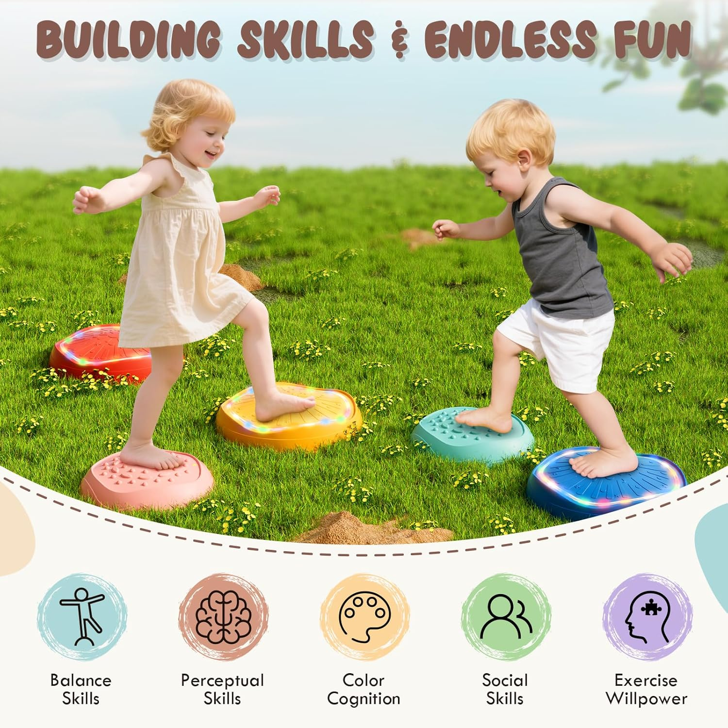 Lehoo Castle Stepping Stones for Kids, Light-Up Stepping Stones, Sensory Toys Balance Board, Indoor & Outdoor Balance Step Stone up to 200Lbs Obstacle Course, Toddler Toys for Ages 2-5 image number 5