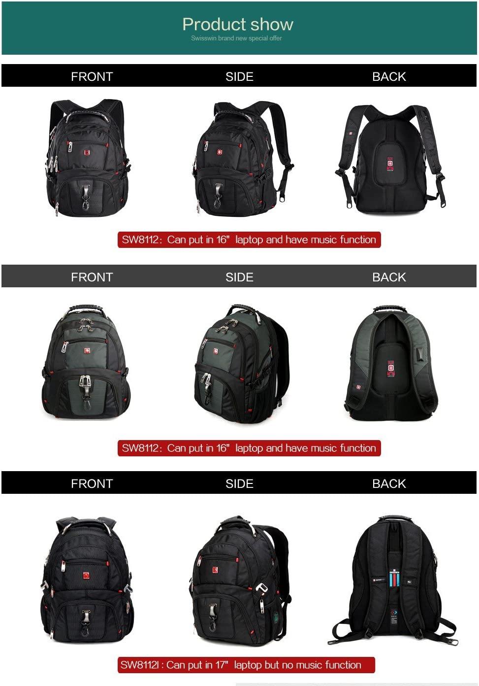 SWISSWIN Swiss Waterproof Business Backpack Travel Backpack College School Backpack Casual Daypack Daily Shoulder Bag SW8112 Black 16 Inch Laptop Notebook Backpack for Men Womens Boys Girls &hellip; image number 6