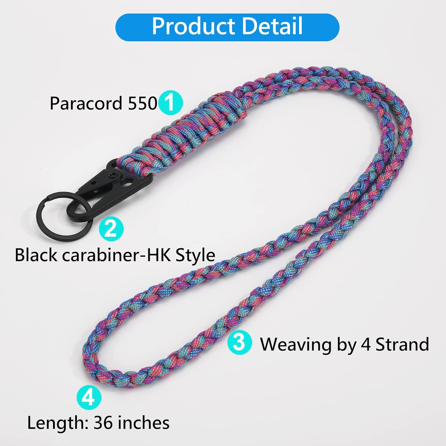 Heavy Duty Paracord Lanyard Keychain, Paracord Necklace Cell Phone Keychain Whistles Wrist Braided image number 2