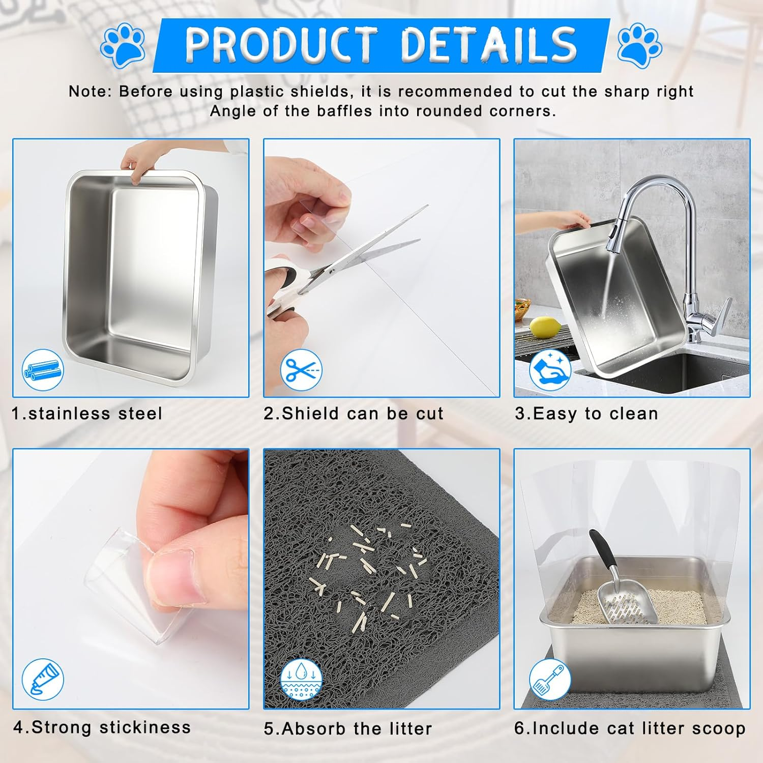 YUEPET 2 Sets Stainless Steel Cat Litter Box with High Sides, Durable Metal Cat Litter Basin Pan Easy to Clean Cat Litter Tray for Odor Control with Cat Litter Scoops Cat Litter Mats 17.5"X13.6"X6" image number 1