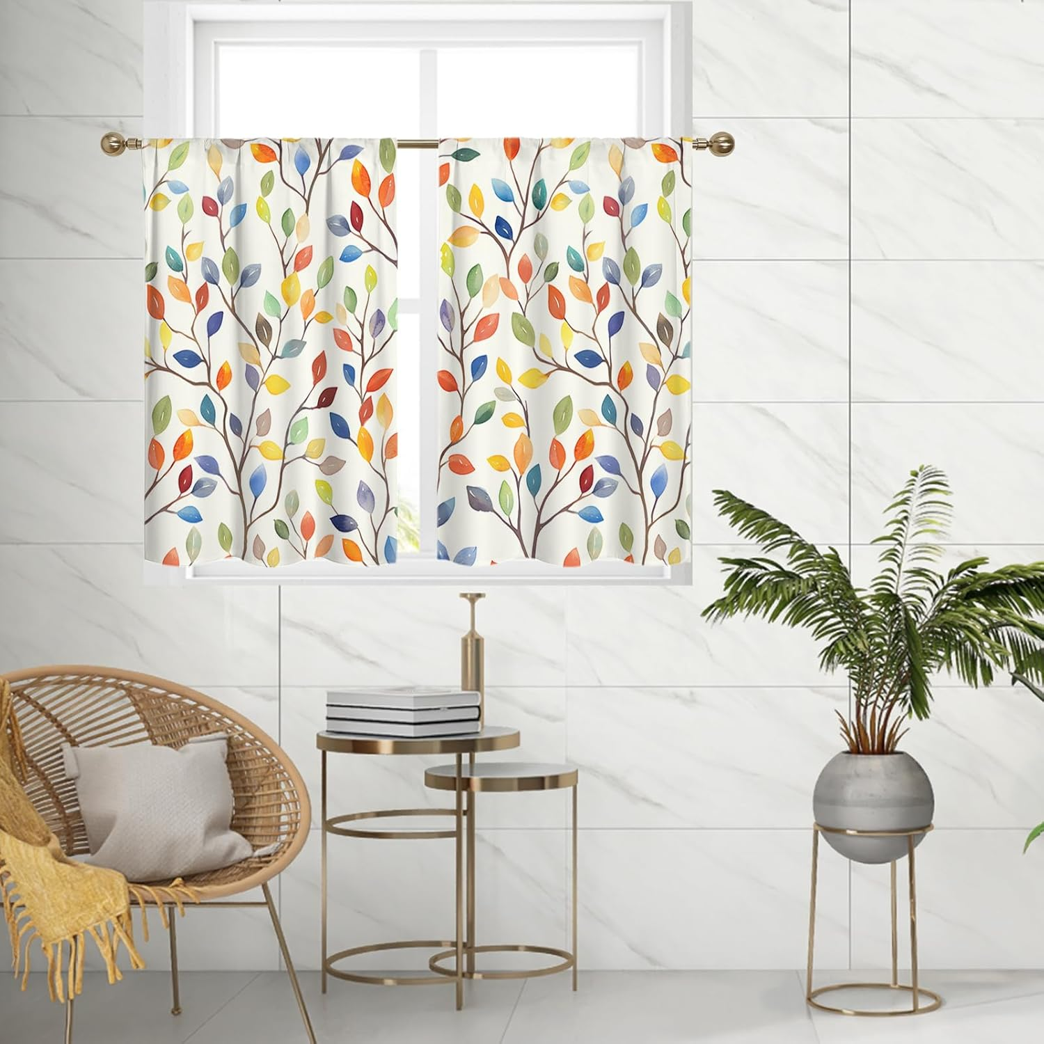 Floral Rustic Kitchen Curtains - Farmhouse Botanical Tier Drapes Kitchen Window Curtains 39 Inch X 27.5 Inch, Colorful Leaves Rod Pocket, 2 Panels Set (Cafe/Country Decor)