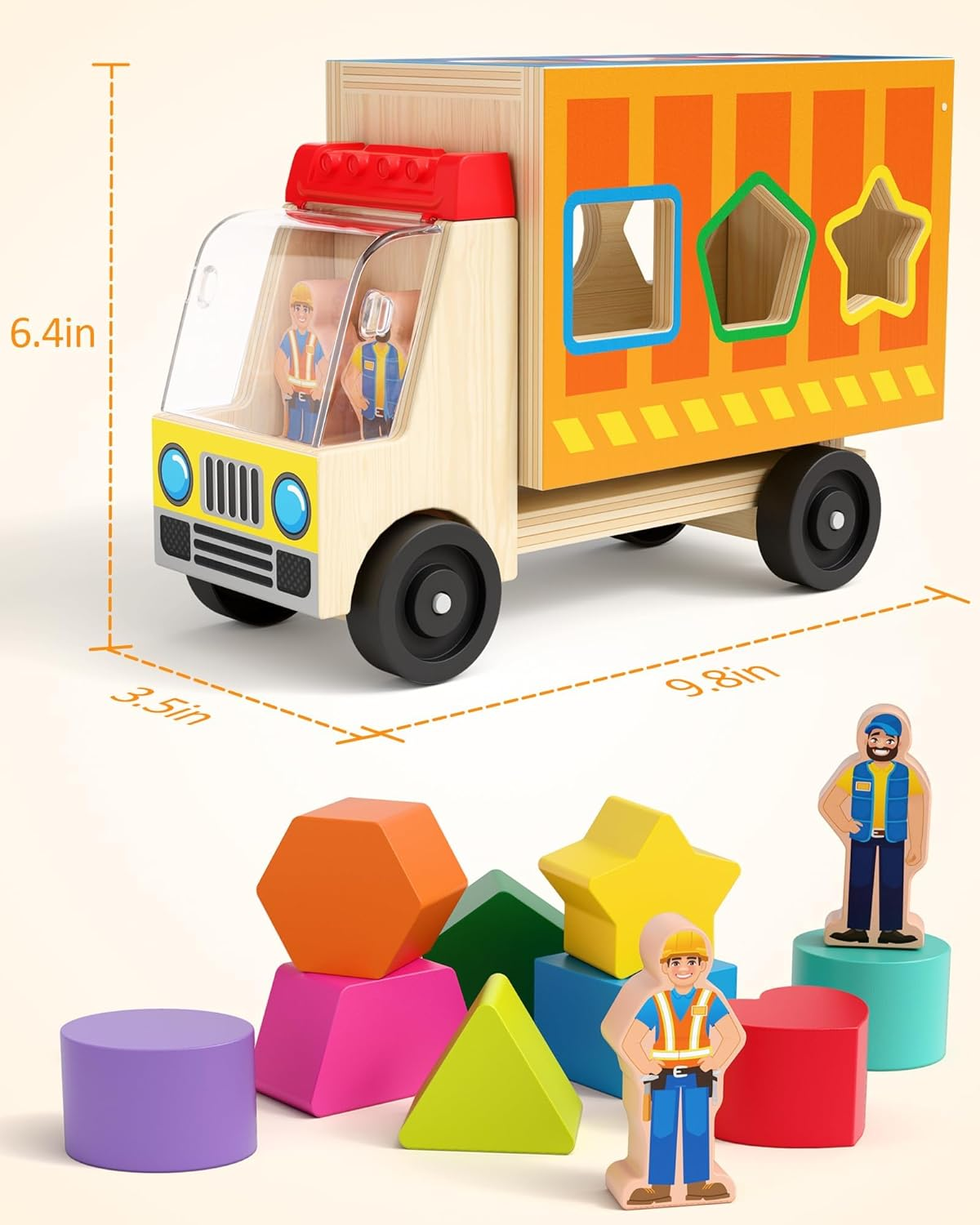 Coogam Wooden Truck Shape Sorting Toy, Color Shape Matching Game with 2 Play Figures, Baby Toddler Fine Motor Learning for 2 3 4 Year Old image number 4