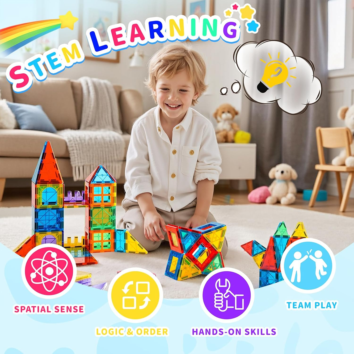 Wukon Magnetic Tiles Kids Toys - 103Pcs Magnet Building Tiles Clear Magnetic 3D Blocks Constructio Playboards, Preschool Learning Sensory Montessori Pretend Toy for 3+ Year Old Boys and Girls image number 1