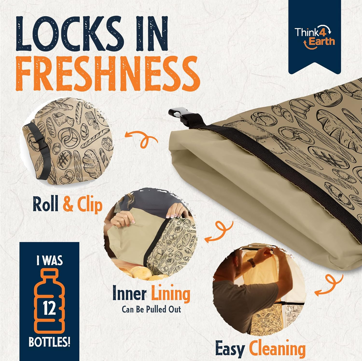 THINK4EARTH - 2 Pack Bread Bags, Reusable Food Storage Bags for Homemade Bread Loaf, Freezer Bread Storage with Double Lining. (Brown) image number 3