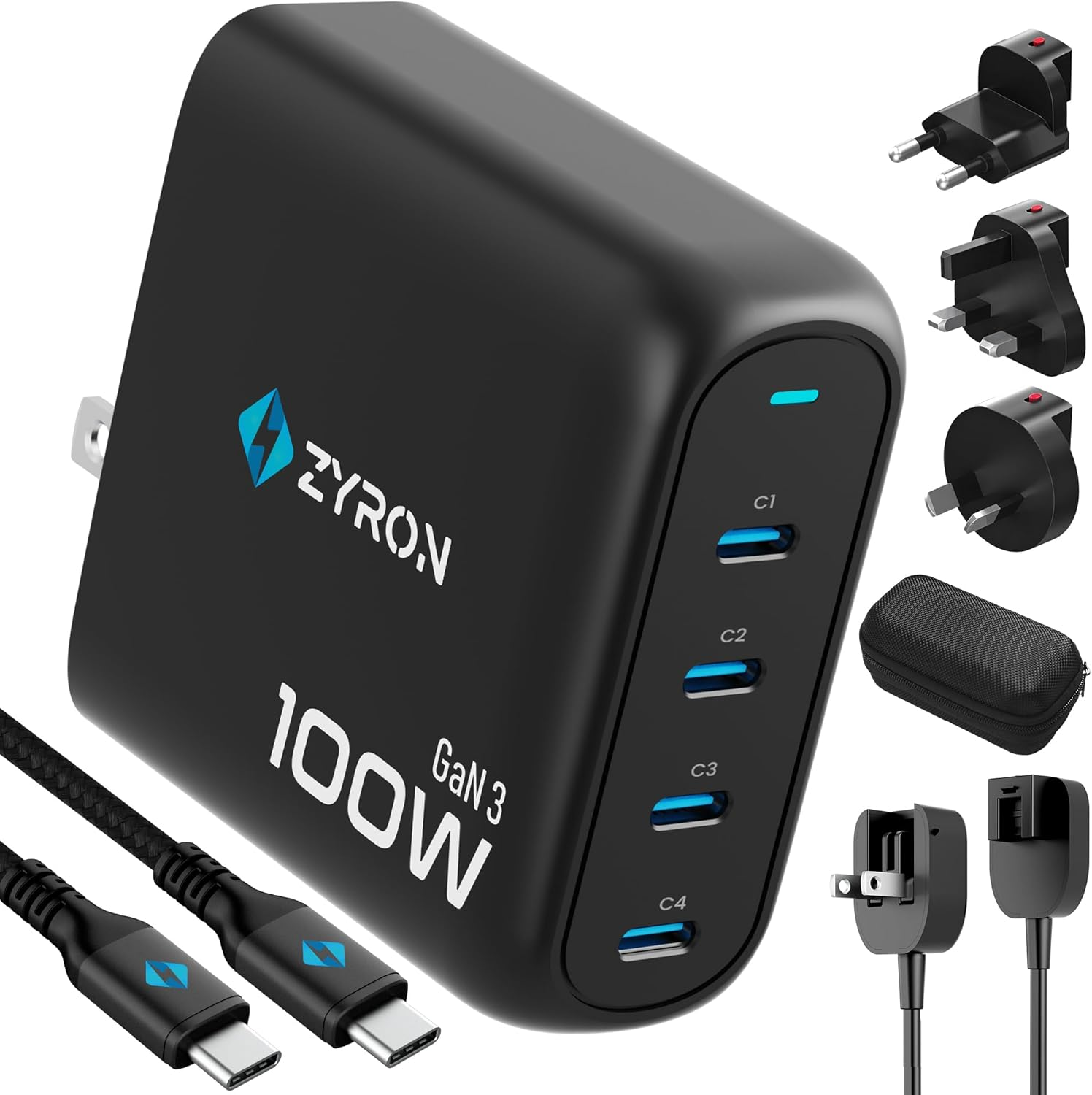 Zyron 100W USB C Charger, 4 Ports Multi USB-C Wall Plug with Power Cord, 100W/65W Gan 3 Fast Charger, PD 3.0 Travel Charger for Iphone 15, Macbook, S23 + Travel Adapters, 2M Cable & Travel Case image number 6