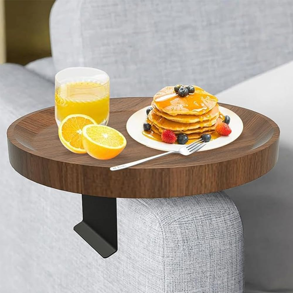 Sofa Armrest Tray, Adjustable Sofa Tray, round Tea Tray, Living Room Study Side Table, Movable and Practical Tea Table, Used to Place Drinks, Food, Snacks, Telephones. (Walnut) image number 5