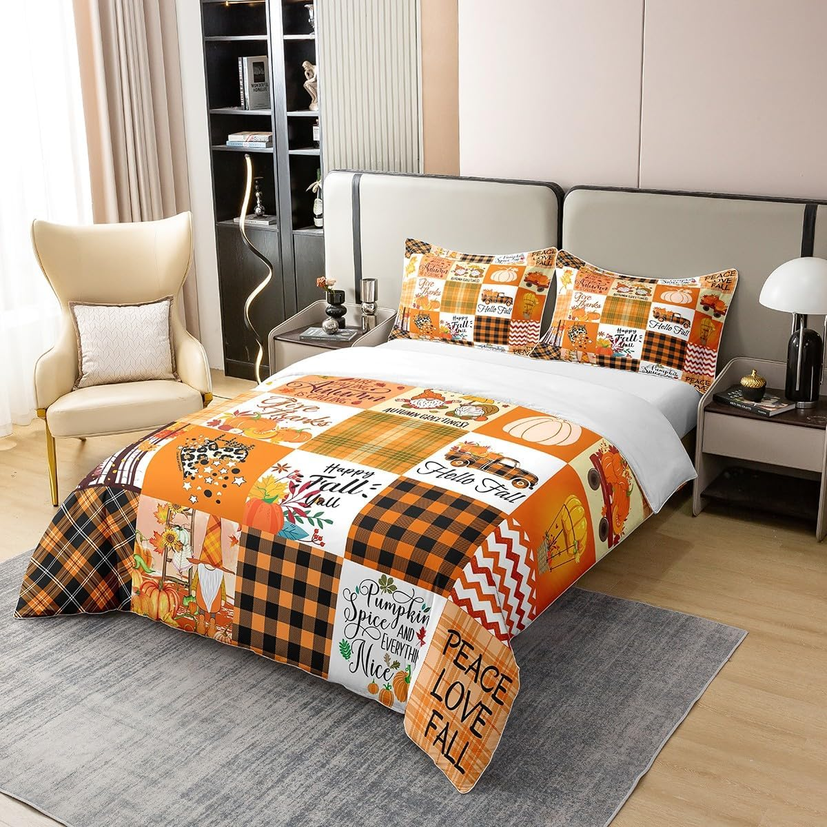 100% Cotton Autumn Greetings Bed Linen Set 200 X 200, Happy Fall Y'All Duvet Cover, Gnome Pumpkin Flowers Comforter Cover for Thanksgiving, Yellow Black Plaid Check Bed Sets with 2 Pillowcases Home image number 5