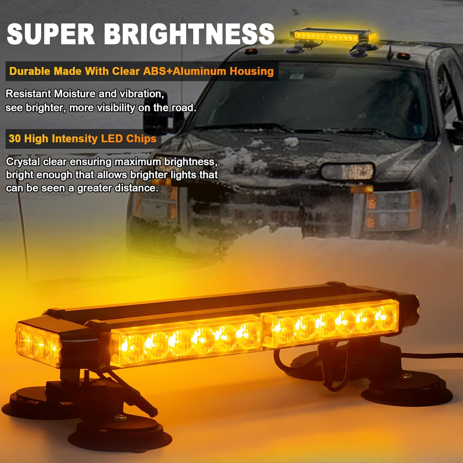 Esoldnic LED Strobe Flashing Light Bar, 30 Leds Double Side Amber Beracon Light Bar, Magnetic Emergency Hazard Flashing Beacon with Magnetic Mounts for Snow Plow Truck Construction Vehicle (12-24V) image number 1