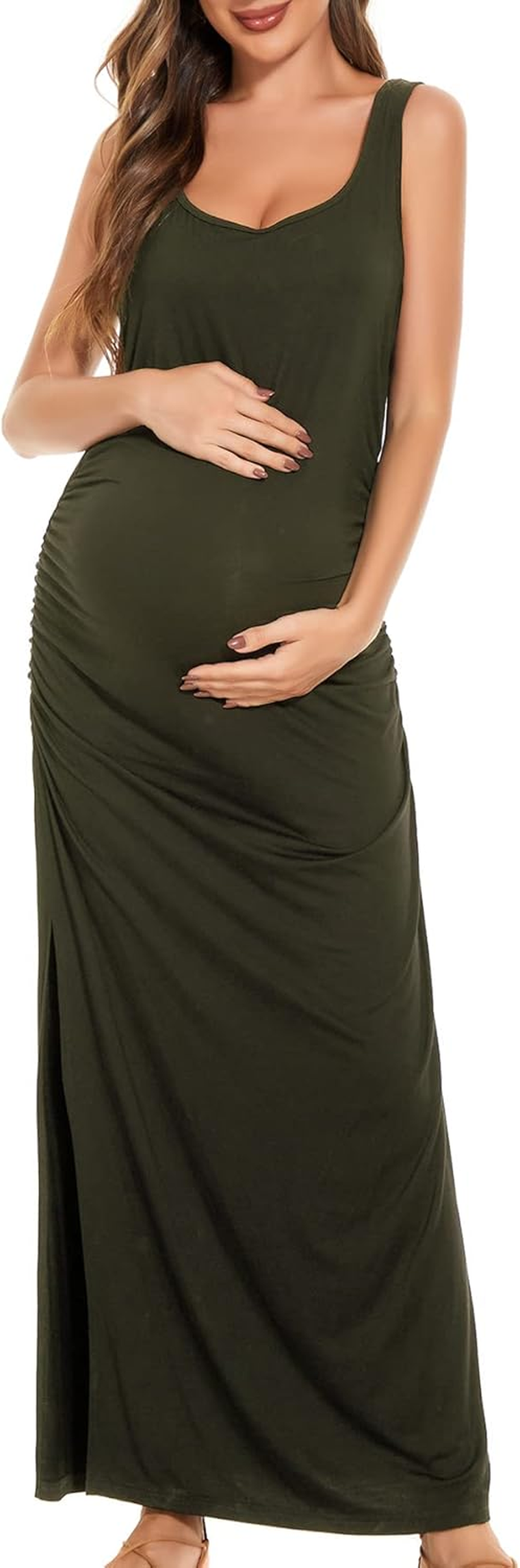 Smallshow Women'S Split Long Maternity Dress Sleeveness Ruched Pregnancy Clothes image number 3
