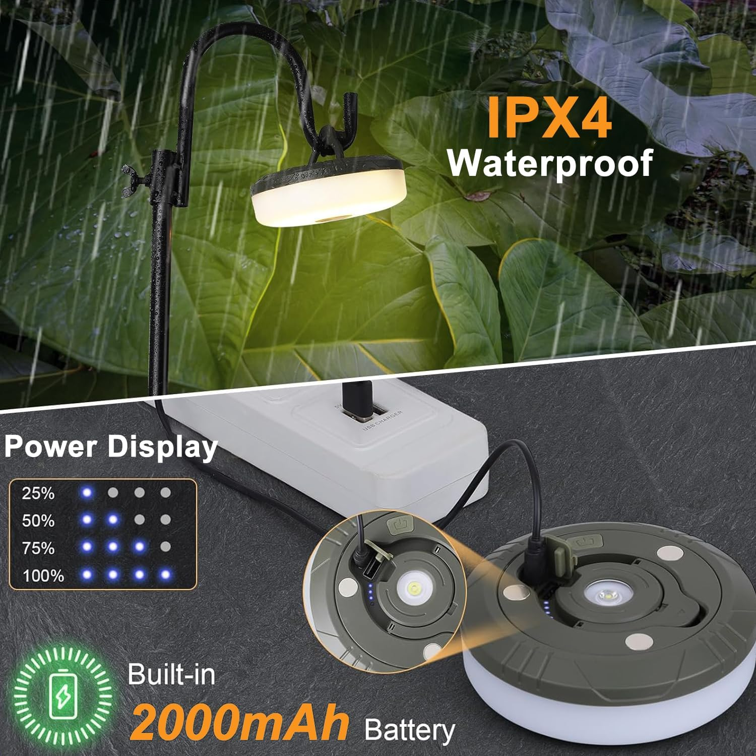 Camping String Lights, 4 in 1 Outdoor Camping Lantern with 8 Lighting Modes(32.8Ft), Quick 30S Recovery, IPX4 Waterproof, Type-C Fast Charging, Portable Camping Lights for Camping/Yard/Hiking image number 4