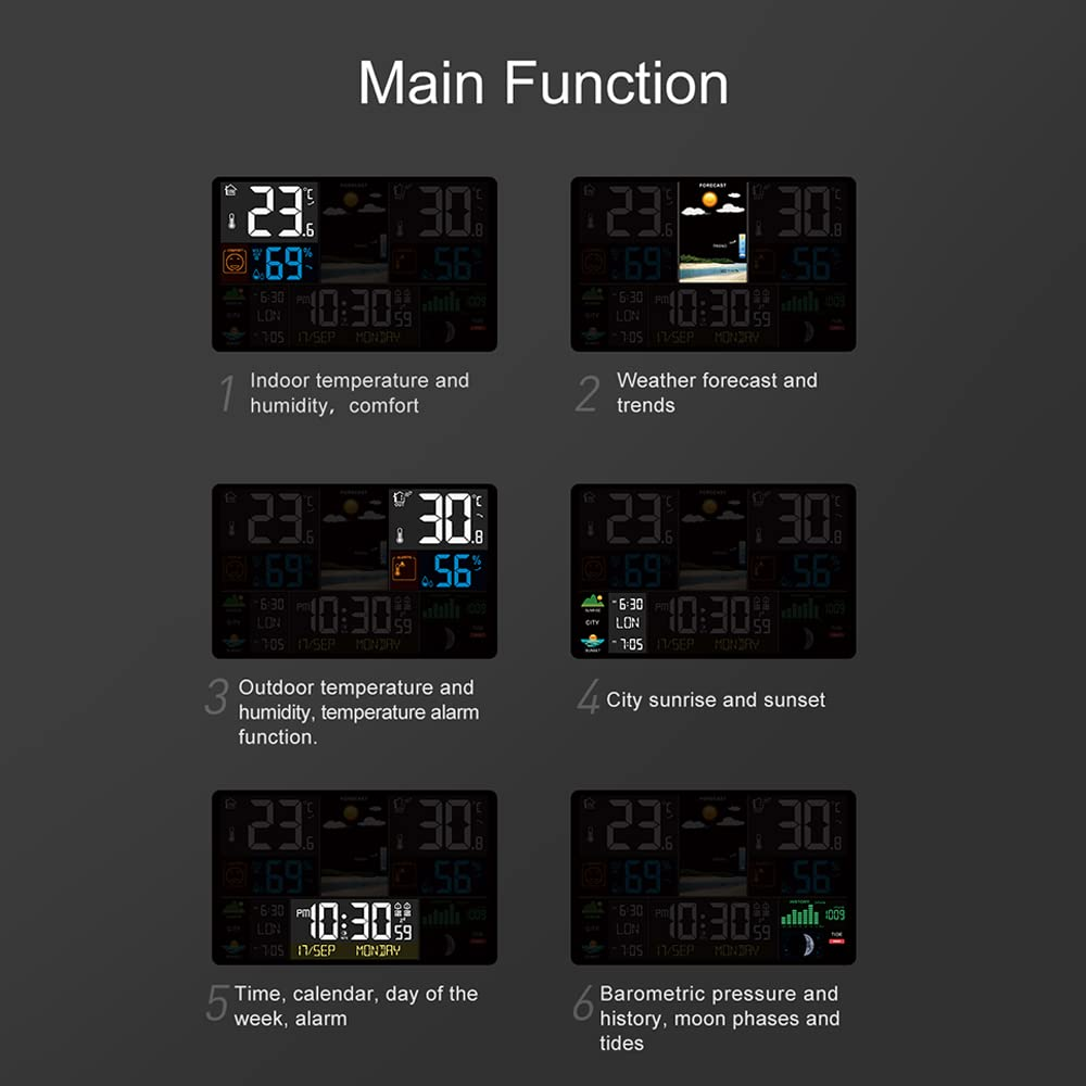 Weather Station, Sunrise and Sunset Weather Station Multi-Function Alarm Clock Thermometer Hygrometer Touch Screen Operation with Wireless Outdoor Sensor image number 3