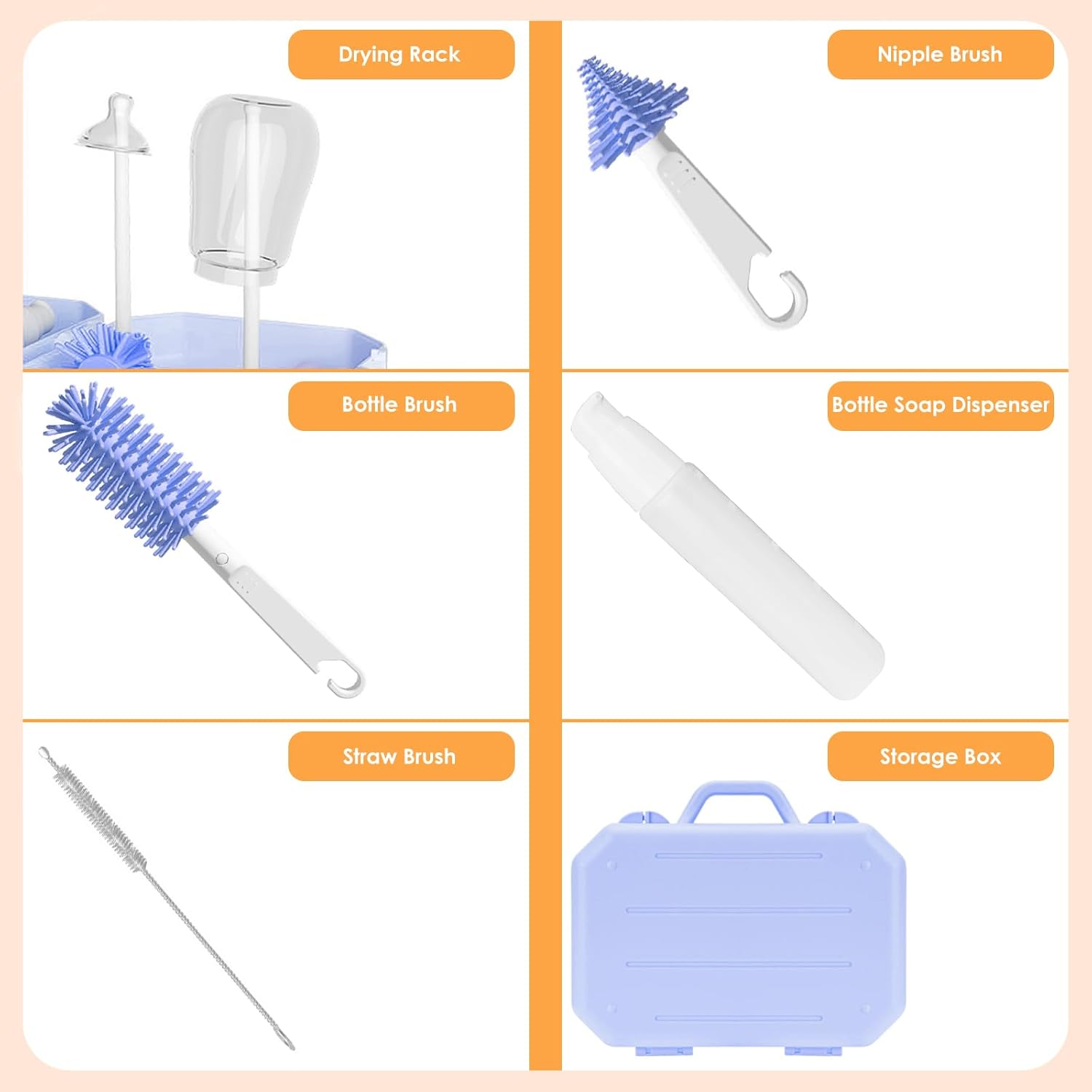 Travel Bottle Brush Set with Stand, Portable Bottle Cleaner Kit with Silicone Bottle Brush, Drying Rack, Nipple Brush, Straw Brush, Soap Dispenser (Blue) image number 2
