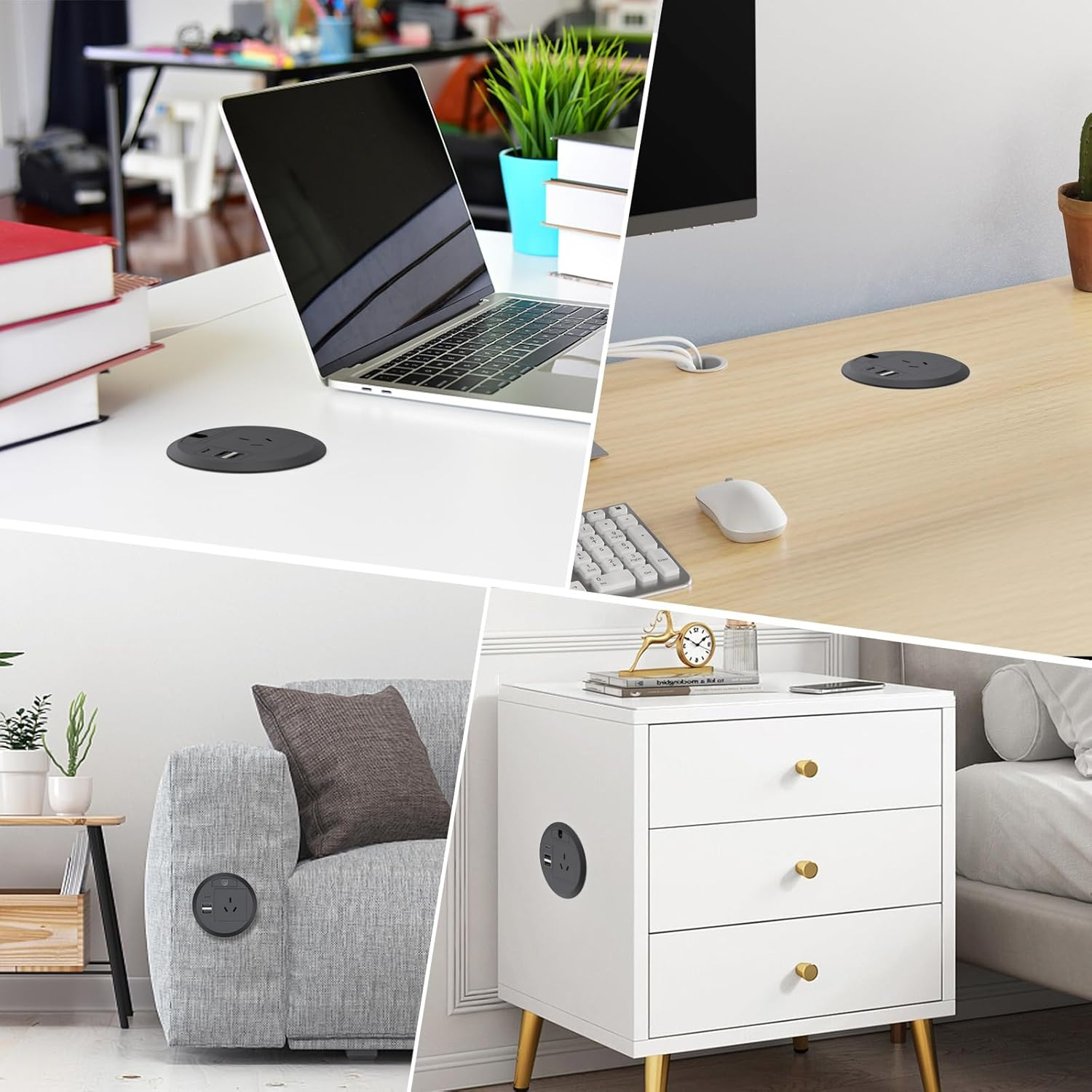 Desk Power Grommet, Haiaoyyds Recessed Power Board with AC Outlets, PD 20W USB C Port, 2 USB a Ports, 2M Cable, 80Mm Hole Grommet, Furniture Power Board for Home Office Workshop, Black image number 3