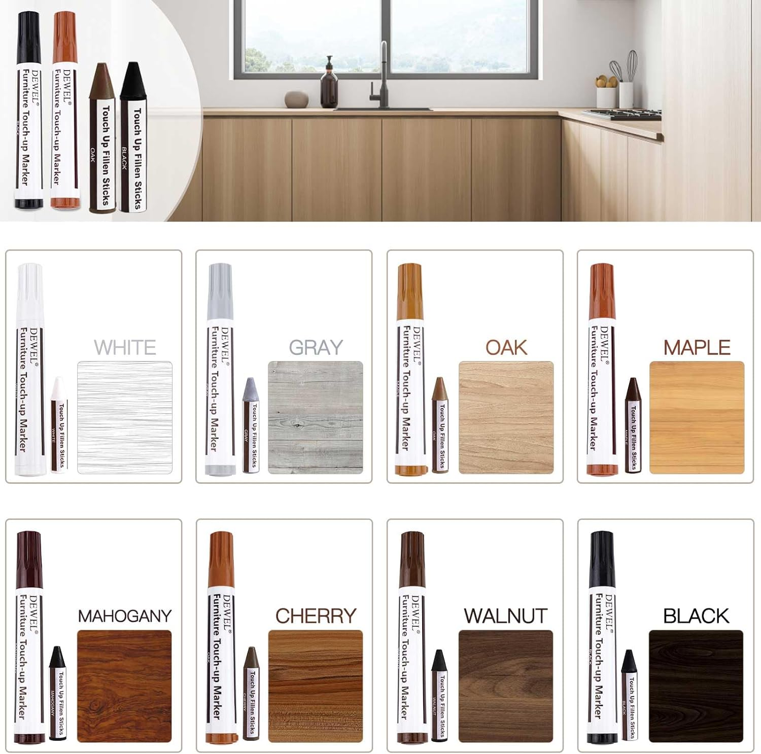 SEISSO Wood Furniture Repair Kit, 12 Colors Wood Fillers, Wood Putty with Beeswax, Furniture Touch up Markers with Wood Crayons, Hardwood Floor Repair Kit for Stains, Scratch, Cracks, Hole image number 2