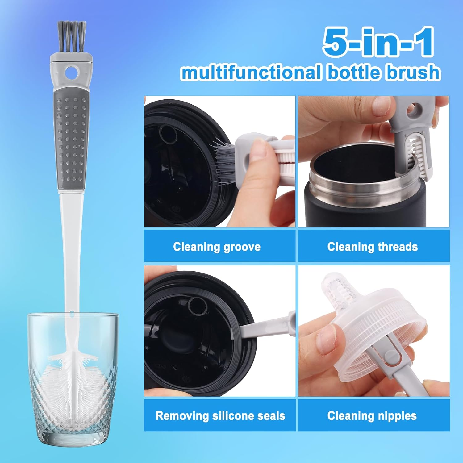 4-Pack Bottle Brush Set, Multifunctional 5-In-1 Bottle Cleaning Brush Water Bottle Cleaning Brush Baby Bottle Brush Nipple Brush Crevice Brush for Baby Bottles Cups Lid Opening image number 6