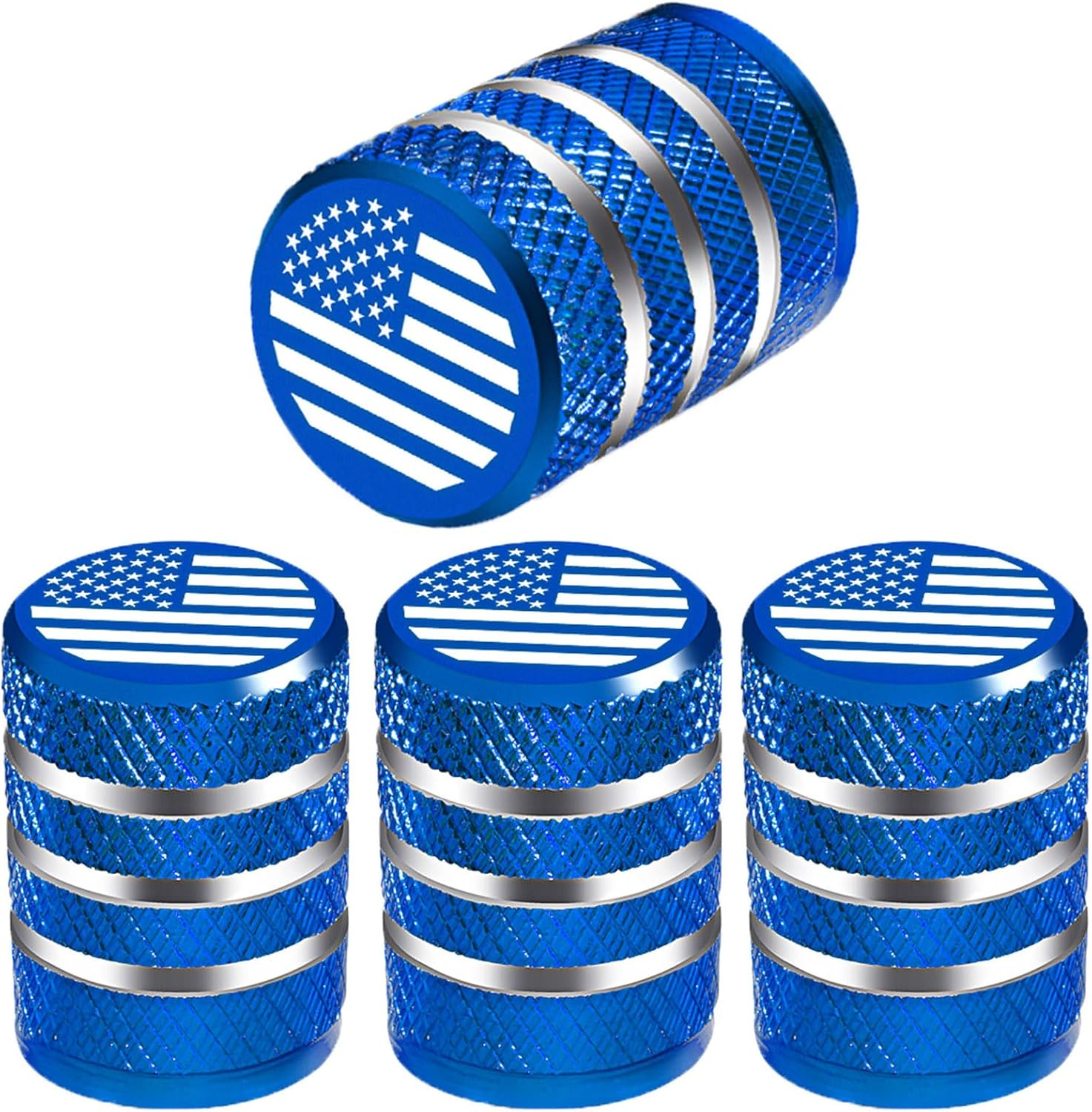Blue Valve Stem Covers Aluminum Tire Valve Caps with Plastic Liner American Flag Valve Stem Caps, Corrosion Resistant, Universal for Car Truck Motorcycle Bike (4 Pack)