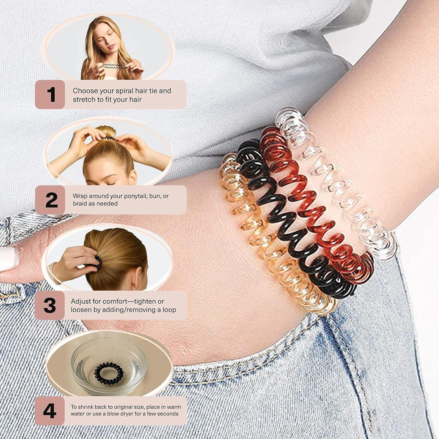 Spiral Hair Ties&mdash;Dent-Free Coil, Soft Build&mdash;For Secure yet Gentle Hair Styling, Daily Outings&mdash;Great for Busy Women, Fitness Lovers&mdash;Includes Spiral Hair Ties (16Pcs, 4 Hues) image number 2