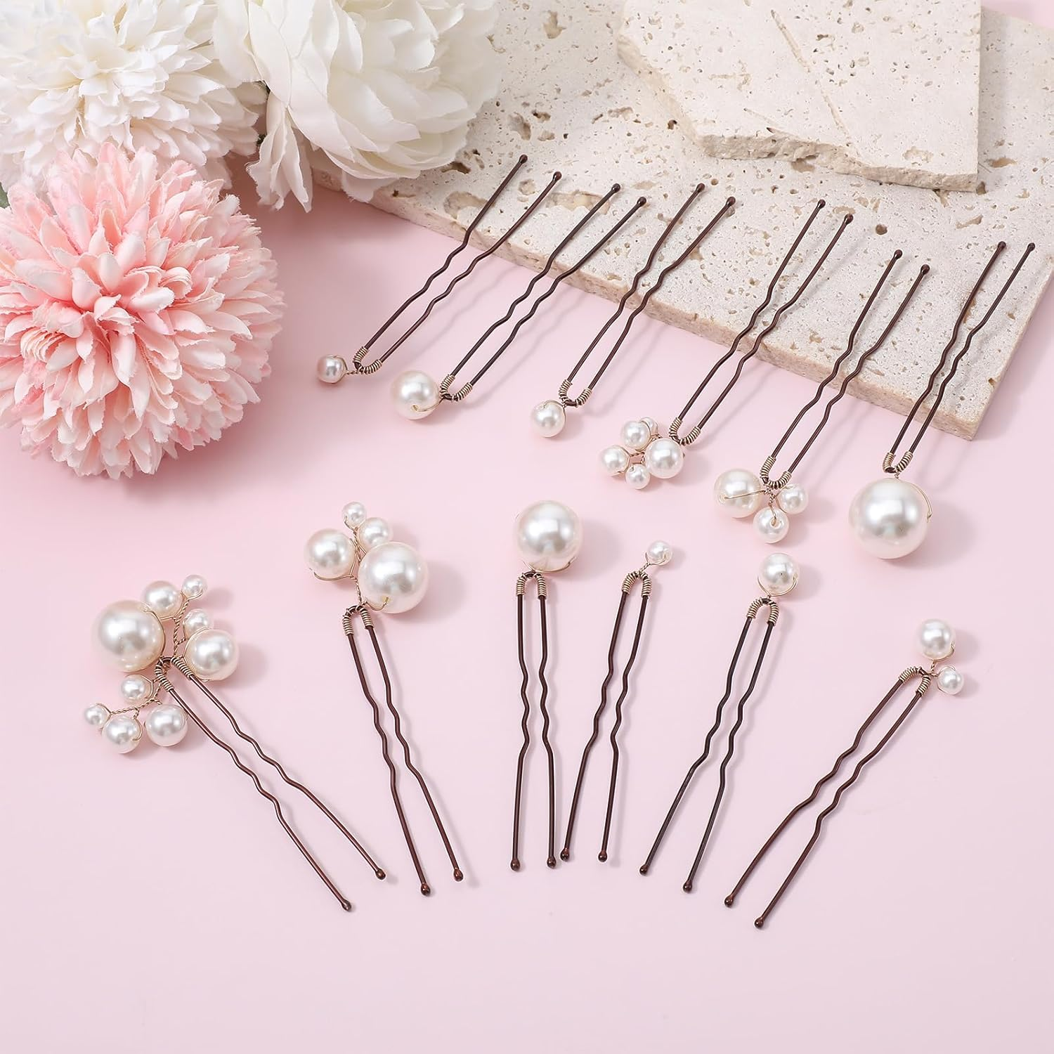 12 PCS Bridal Wedding Hair Pins, Bridal Hair Pearl Crystal Bobby Hairpin Wedding Accessories, Handmade Pearl Hair Accessories for Brides Women Girls (White) image number 2