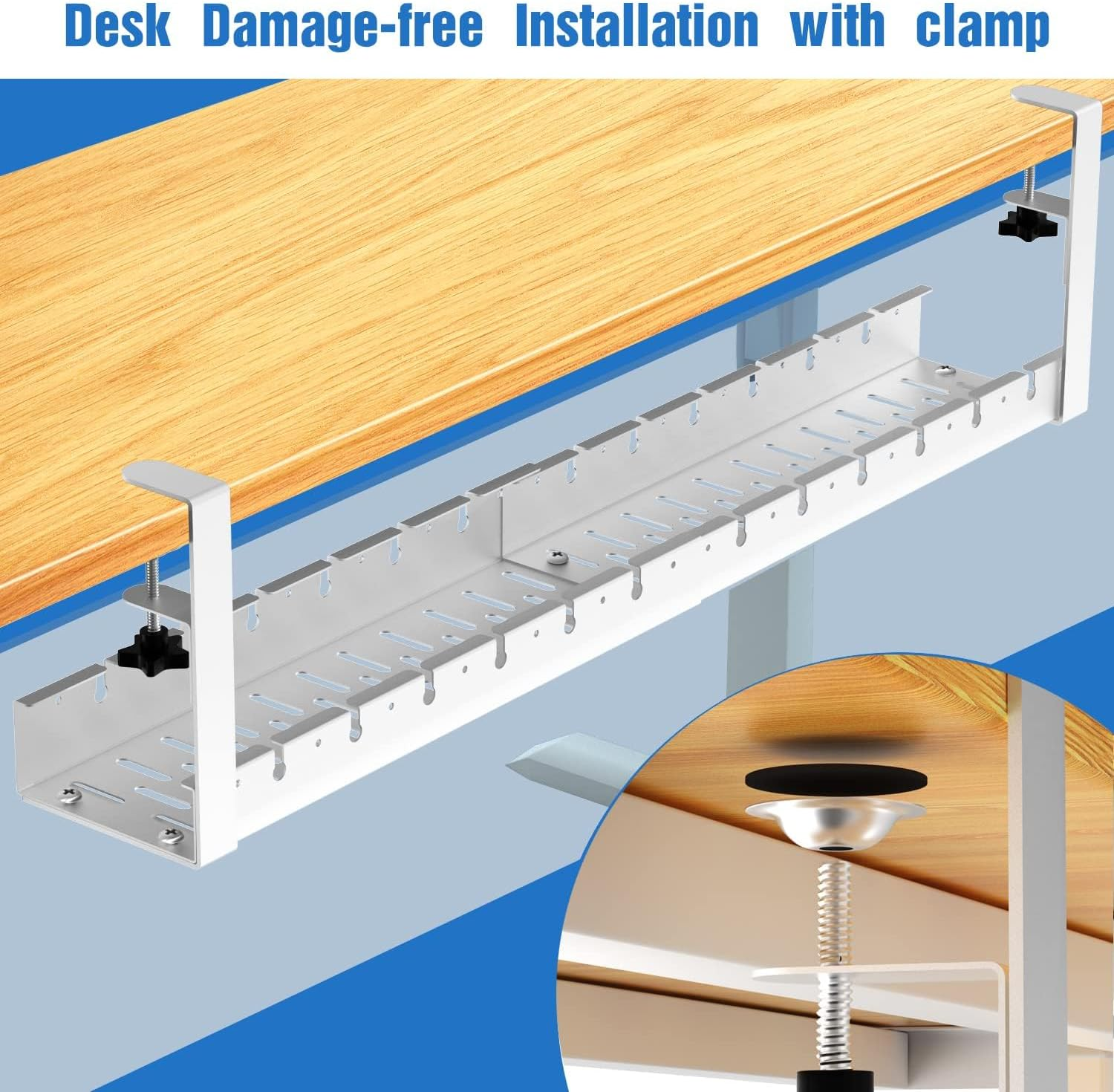 Under Desk Cable Management Tray, IGGDOQI No Drilling Extendable Cable Organizers, Wire Management Tray Cable Management Rack, Desk Cable Tray with Wire Organizer, and Desk Cord Organizer Kit (White) - Black image number 4