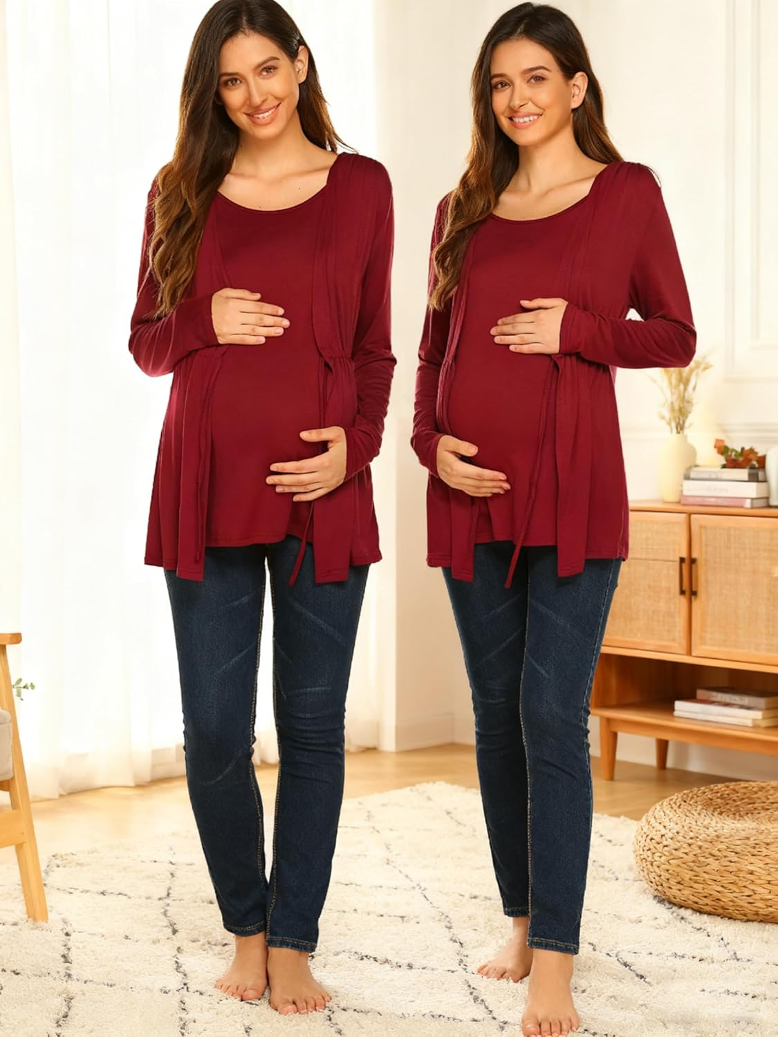Fashionable Faux Two-Piece Maternity T-Shirt, Long-Sleeve Nursing Top, Fall/Winter Style.