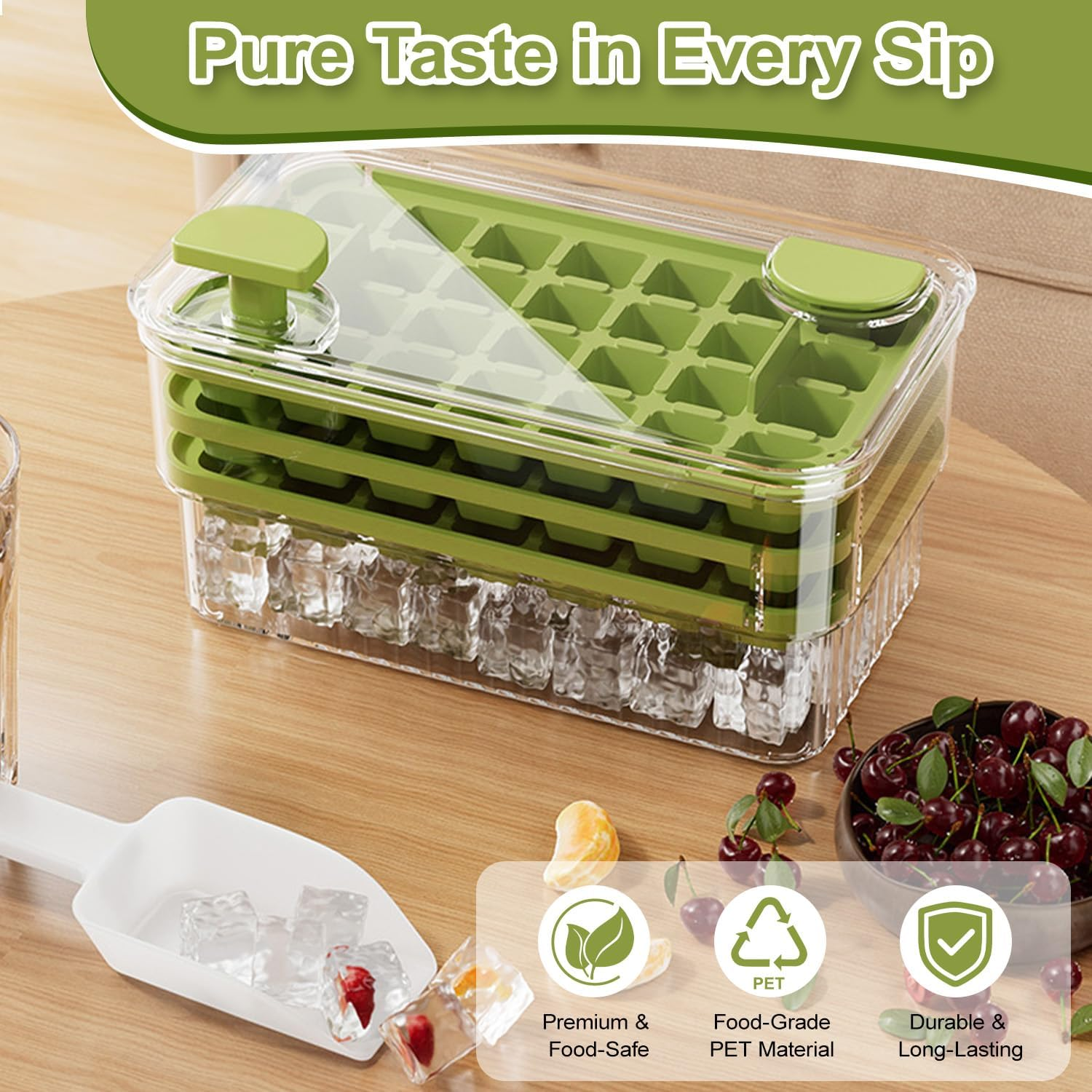 84-Piece Ice Cube Tray with Lid & Bin, WEKUBA 2026 Upgraded One-Button Release Ice Cube Trays, with Ice Scoop, for Frozen Food, Drinks, Coffee,Fruit, Whiskey,Cocktails,Juice and Ice Cream，Green image number 1