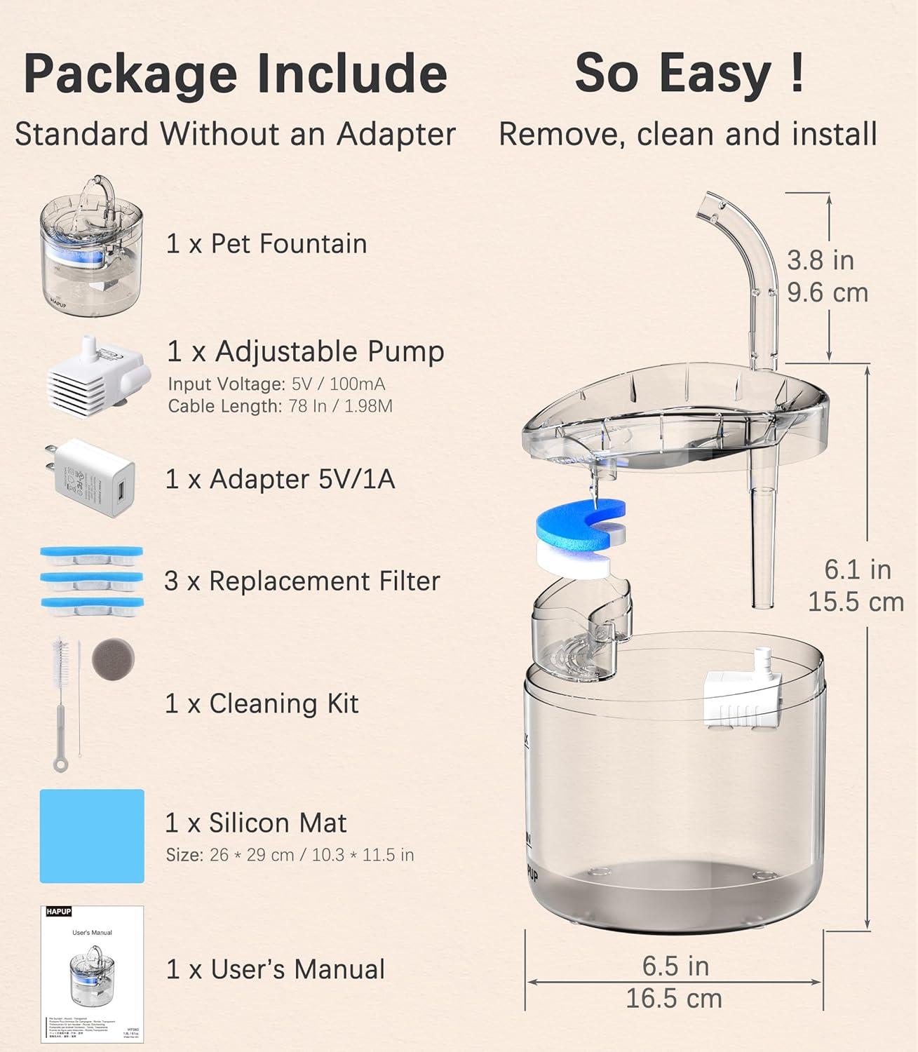 Cat Water Fountain Animal Water Dispenser 61OZ/1.8L Automatic Pet Drinking Fountain with 3 Filter Replacement 1 Pump 1 Cleaning Brush Kit 1 Silicone Food Mat 1 Adapter for Cats Kitty Indoor - No Adapter image number 6