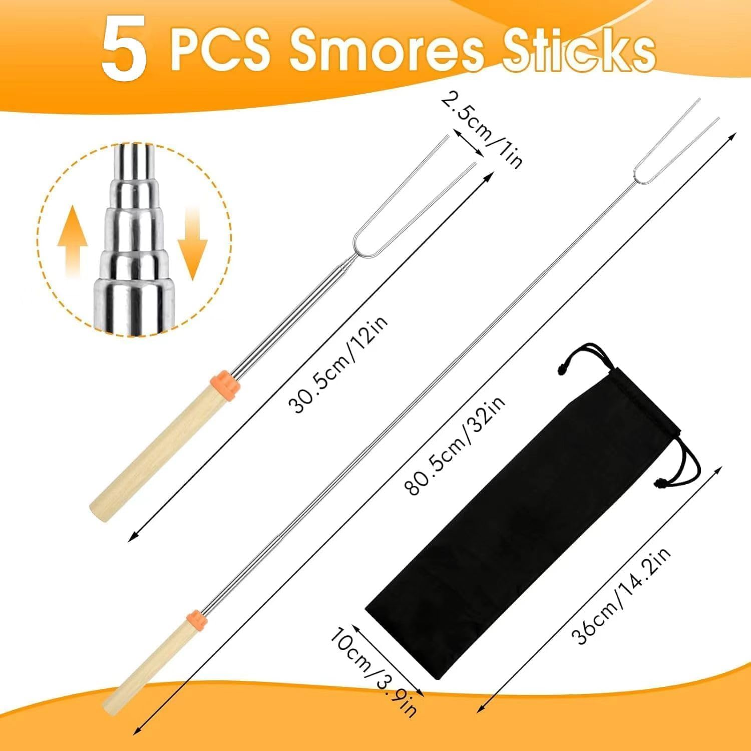 7 Pack Marshmallow Roasting Sticks Set, 5 Pcs Extendable 32In Long Metal Barbecue Skewers with Bag & Brush, Smores Kit for Marshmallow, Hot Dog Fork Campfire Travel Cooking Equipment Essentials